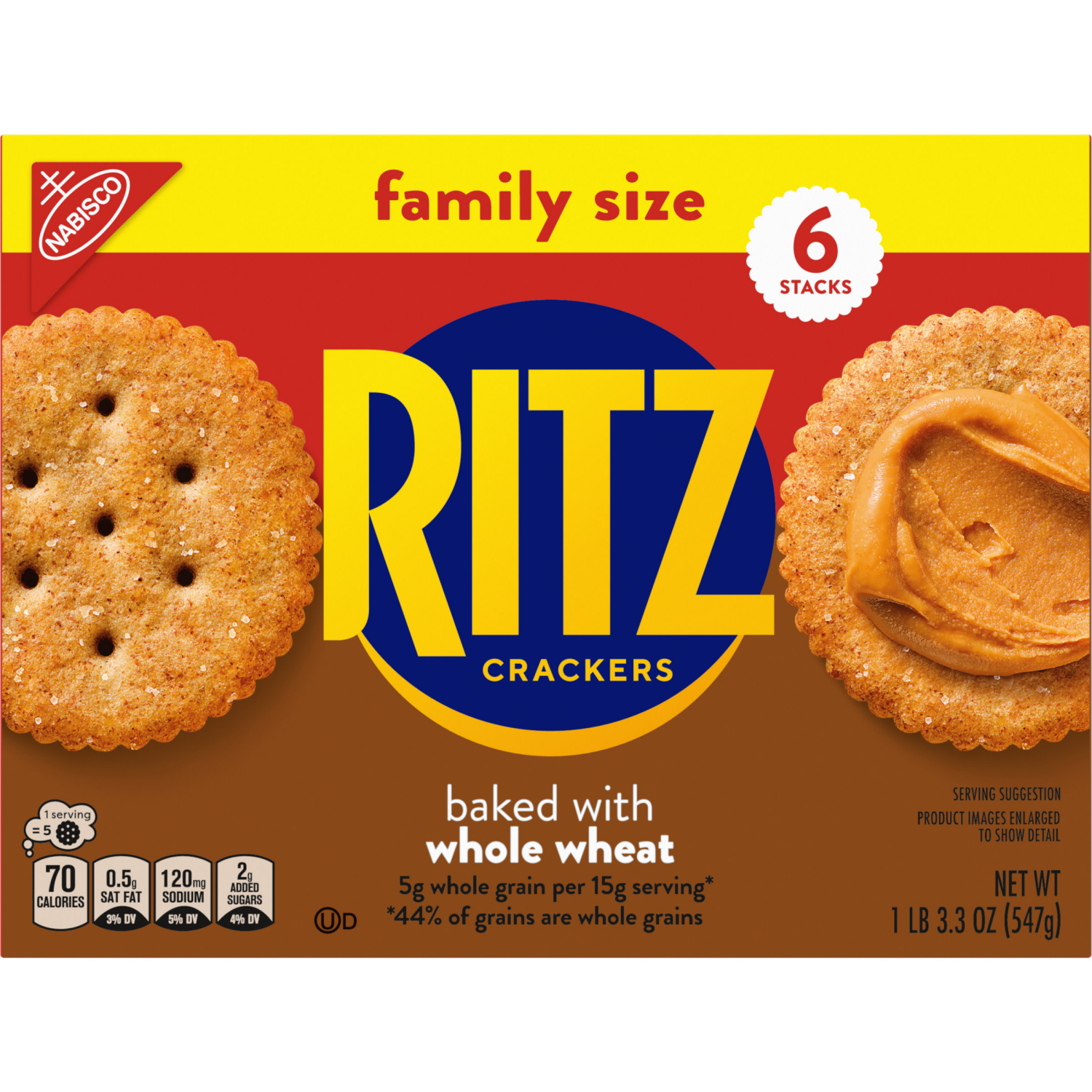 slide 5 of 5, RITZ Whole Wheat Crackers, Snacks for Kids and Adults, Lunch Snacks, Family Size, 19.3 oz, 6 ct