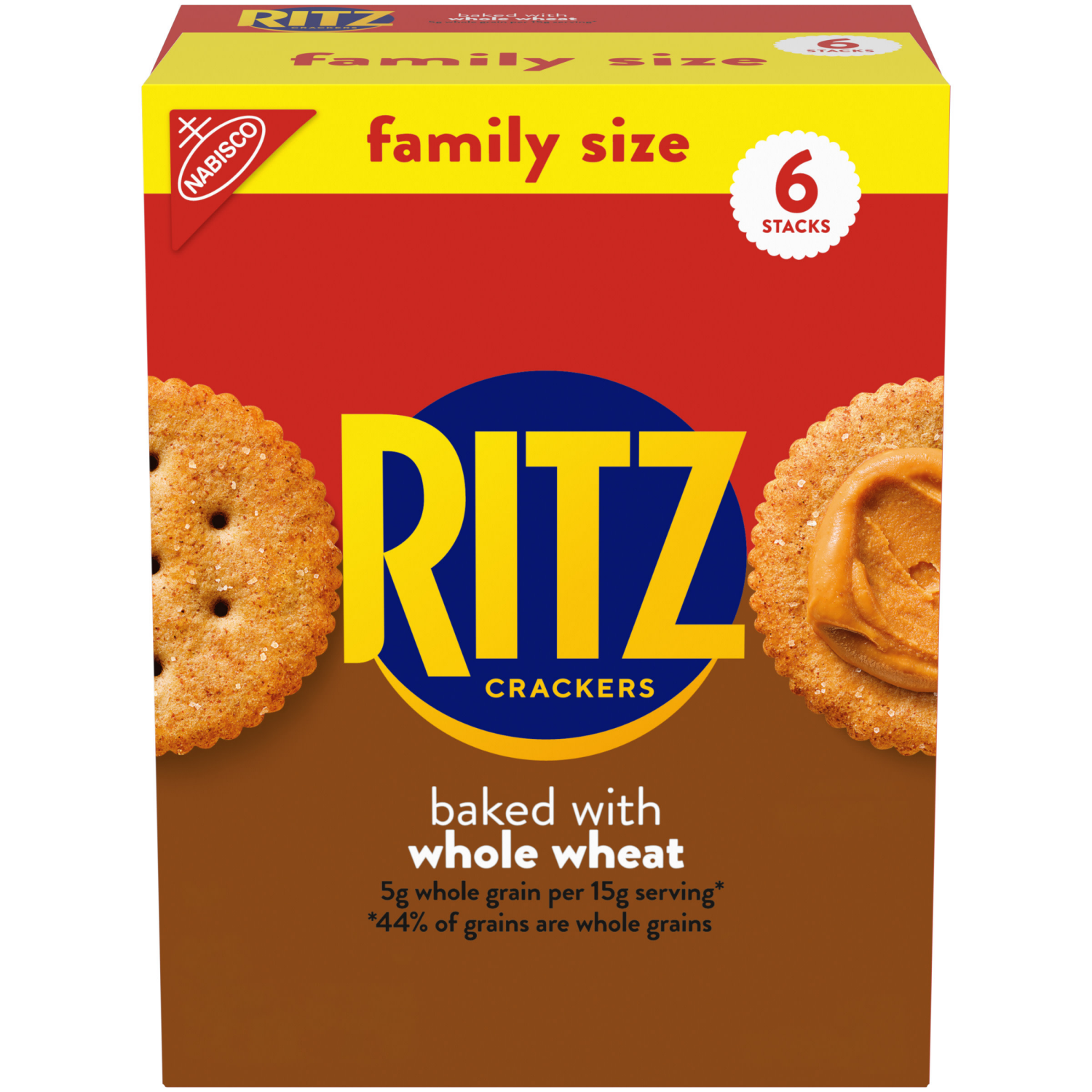 slide 1 of 5, RITZ Whole Wheat Crackers, Snacks for Kids and Adults, Lunch Snacks, Family Size, 19.3 oz, 6 ct