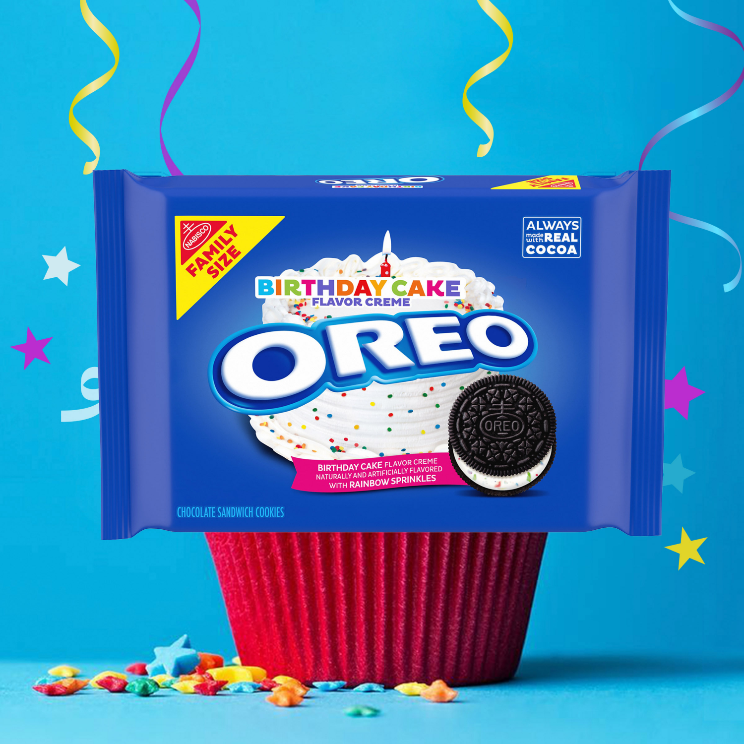 slide 7 of 8, OREO Birthday Cake Chocolate Sandwich Cookies, Family Size, 17 oz, 17 oz