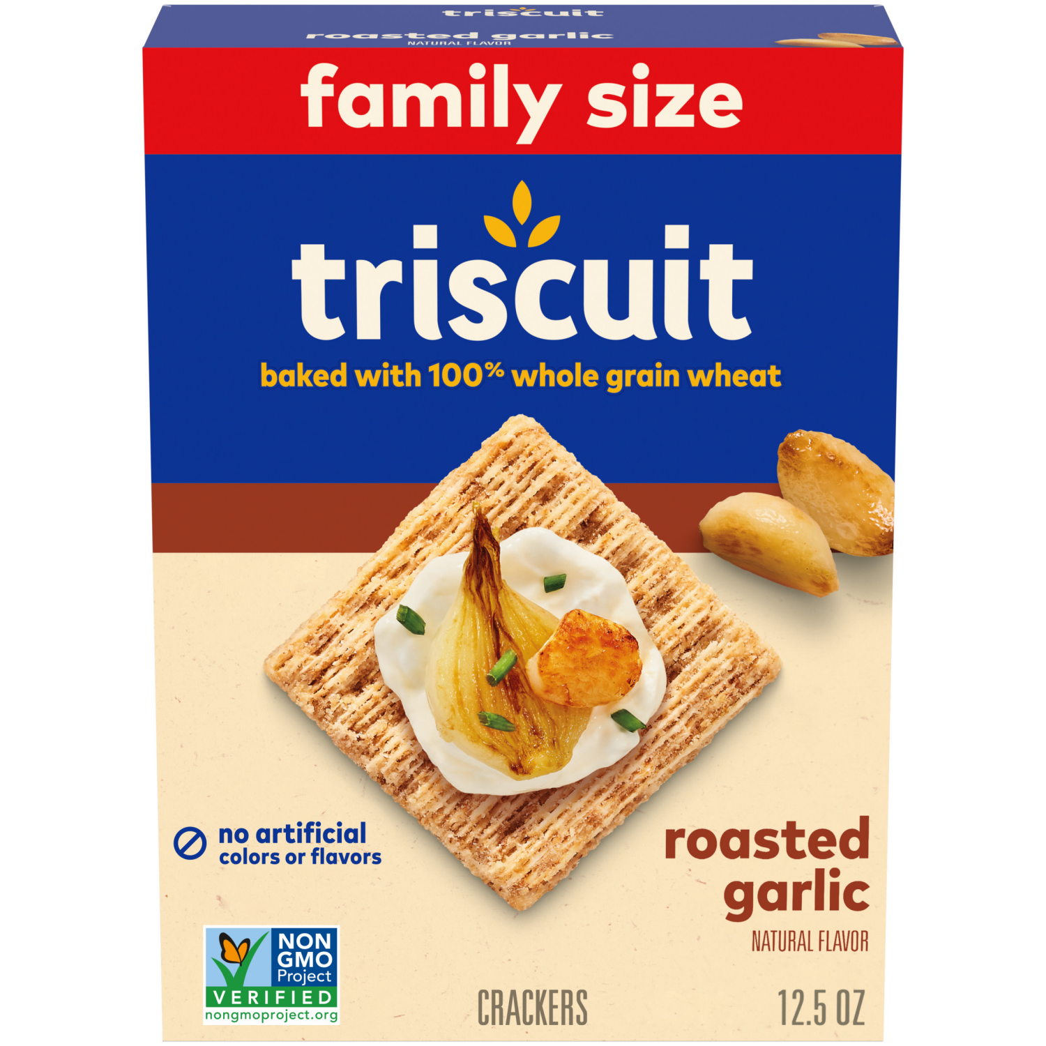 slide 1 of 5, Triscuit Roasted Garlic Whole Grain Wheat Crackers, Snack Crackers, Lunch Snacks, Family Size- 12.5 oz, 12.5 oz