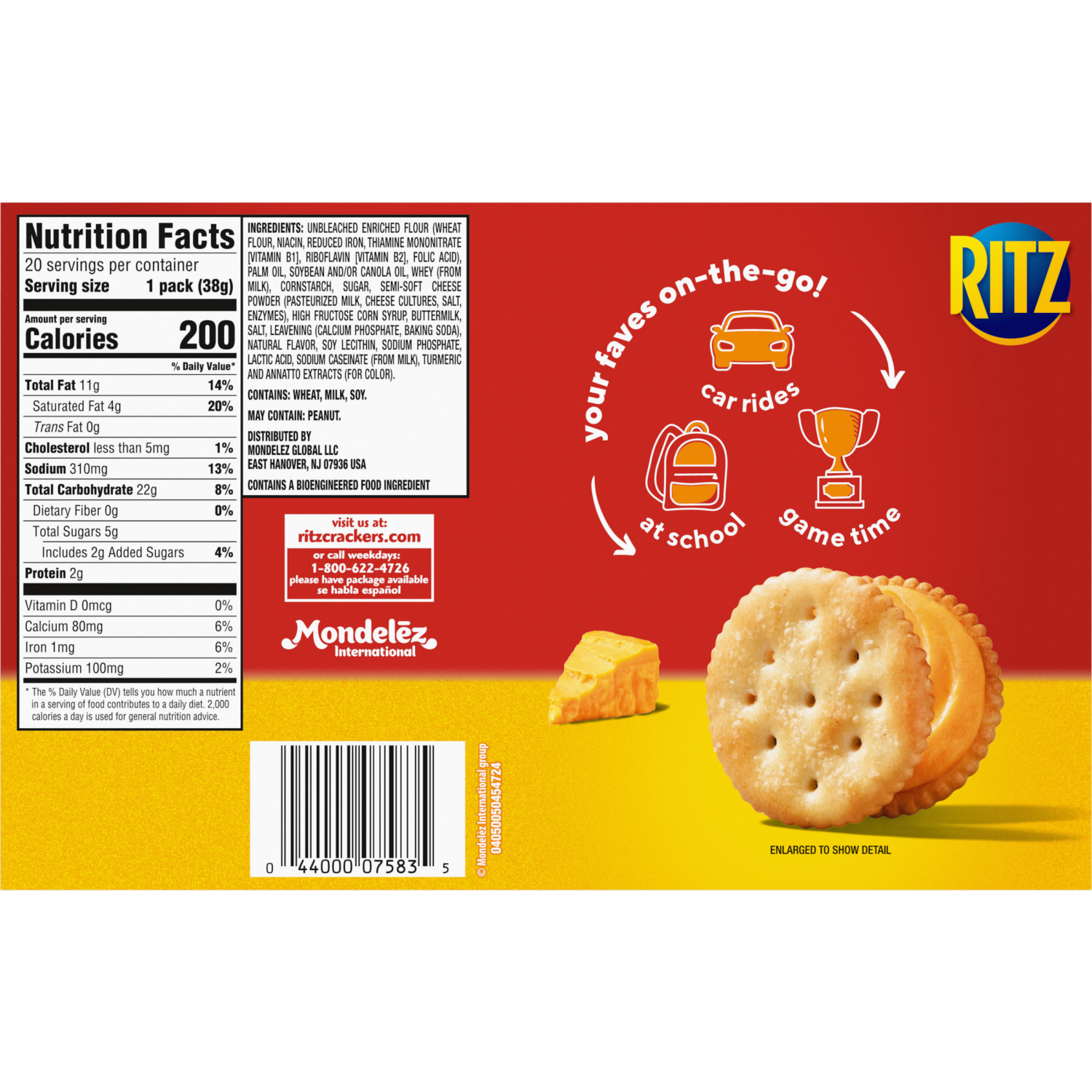 slide 5 of 5, RITZ Cheese Sandwich Crackers, Lunch Snacks, 20 Snack Packs (6 Crackers Per Pack), 27 oz