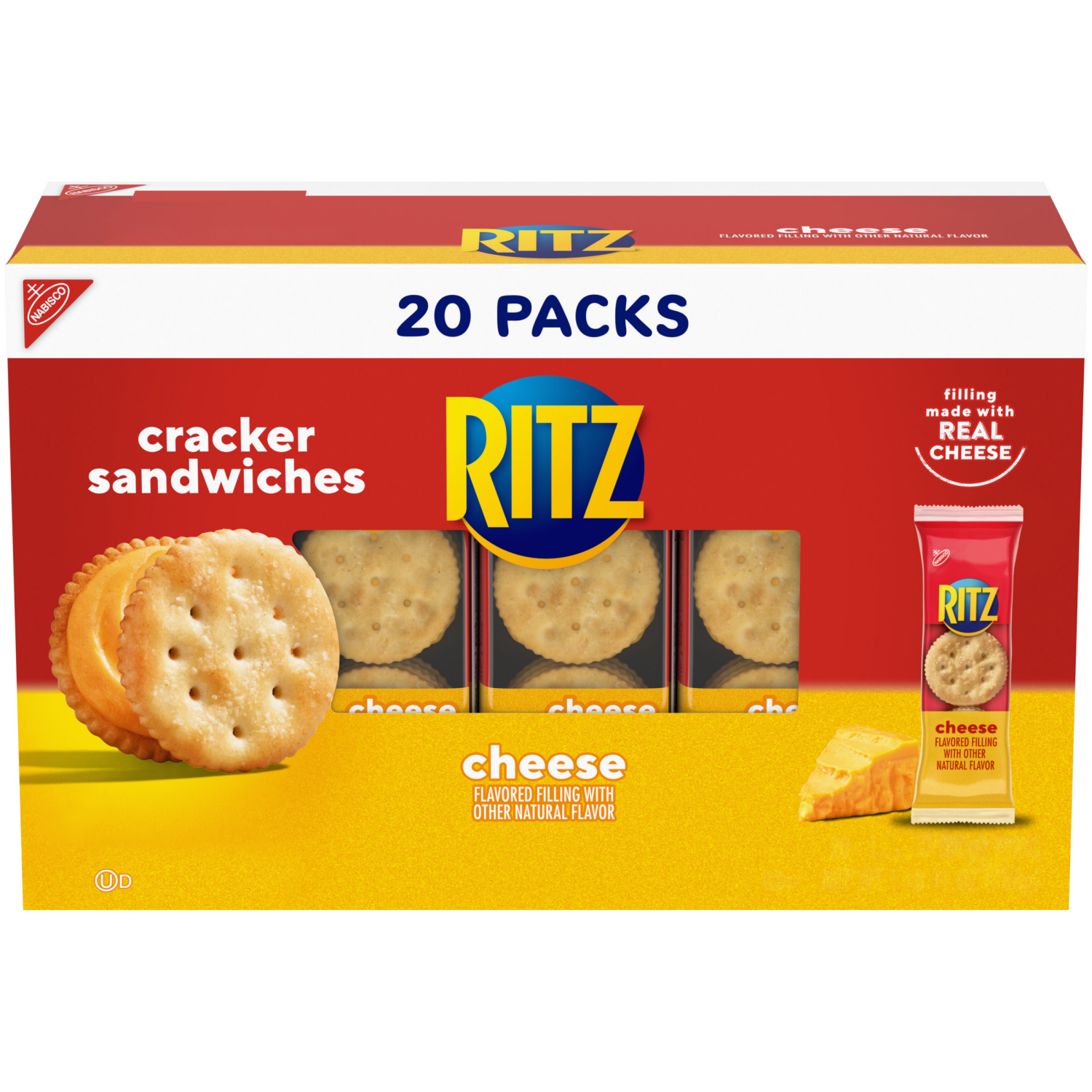 slide 1 of 5, RITZ Cheese Sandwich Crackers, Lunch Snacks, 20 Snack Packs (6 Crackers Per Pack), 27 oz