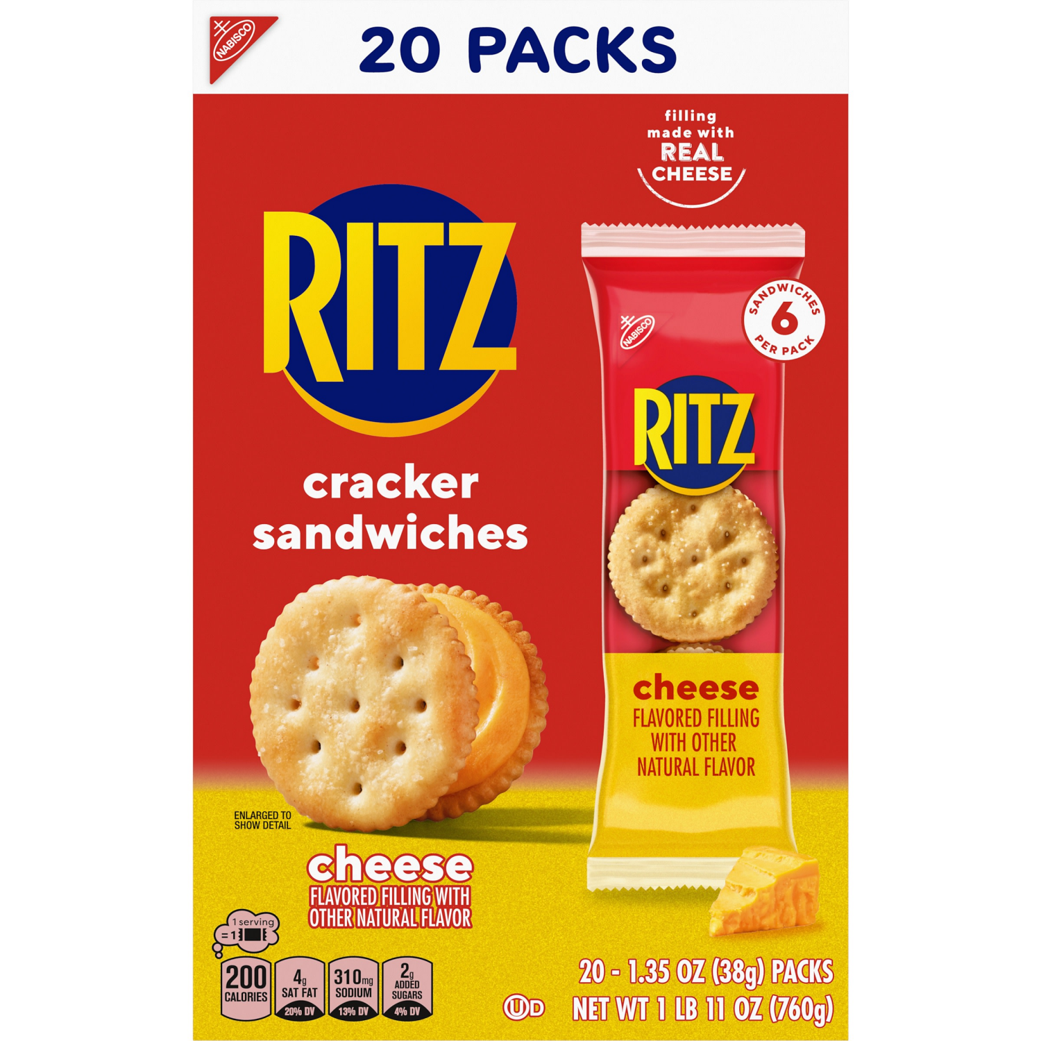 slide 8 of 8, RITZ Cheese Sandwich Crackers, Lunch Snacks, 20 Snack Packs (6 Crackers Per Pack), 20 ct