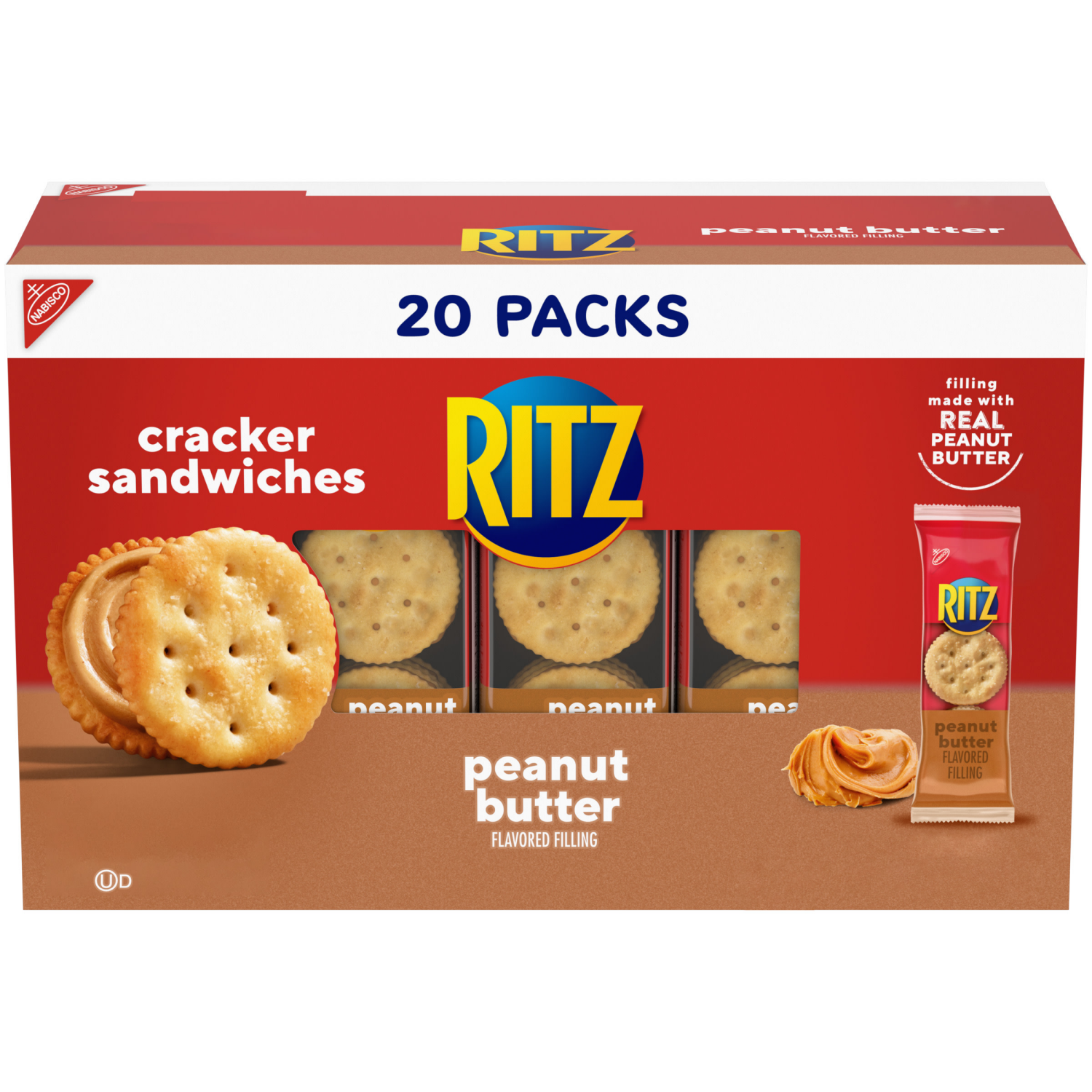 slide 1 of 8, RITZ Peanut Butter Sandwich Crackers, Lunch Snacks, 20 Snack Packs (6 Crackers Per Pack), 20 ct