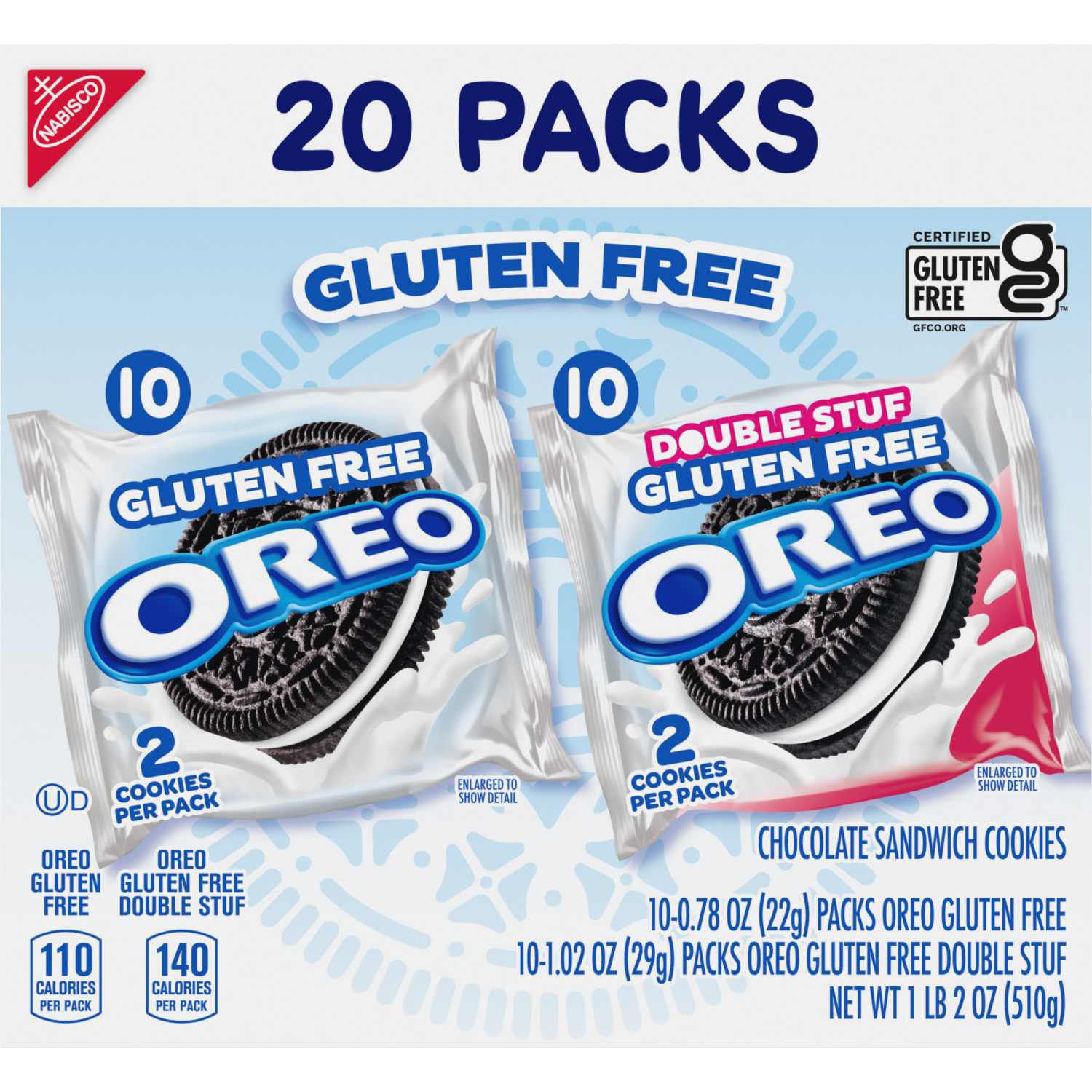 slide 8 of 8, OREO Gluten Free Original & Double Stuf Chocolate Sandwich Cookies Variety Pack, Gluten Free Cookies, 20 Snack Packs (2 Cookies per Pack), 18 oz