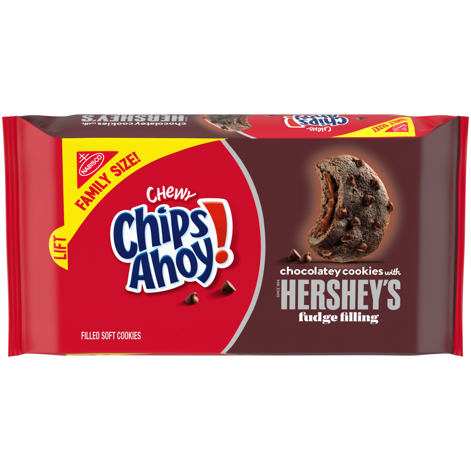 slide 1 of 5, CHIPS AHOY! Chewy Chocolatey Hershey's Fudge Filled Soft Chocolate Chip Cookies, Chocolate Cookies, Family Size, 14.85 oz, 14.85 oz