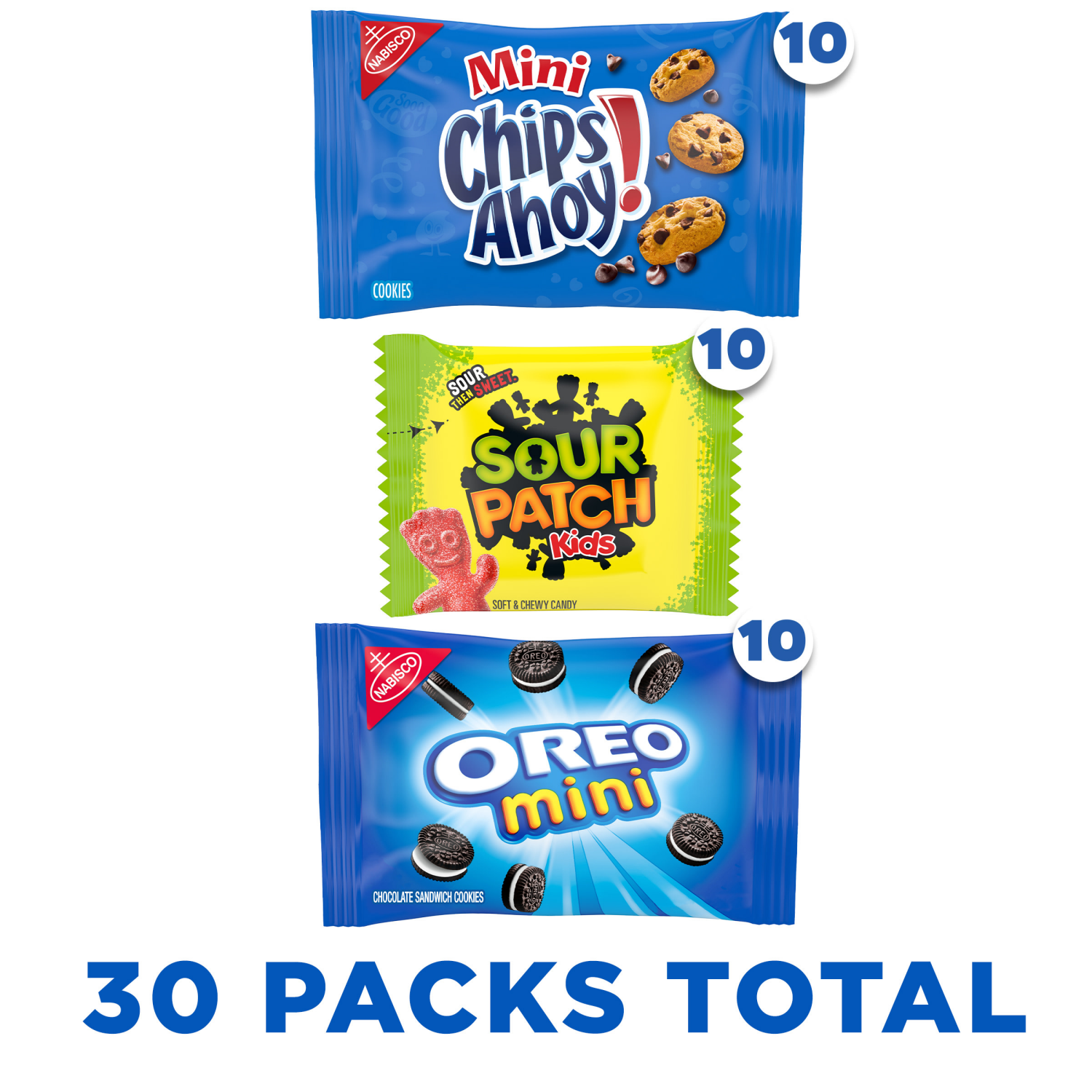 slide 4 of 8, Mixed Nabisco Cookies & Candy Variety Pack, SOUR PATCH KIDS Candy, OREO Mini Cookies, and Mini CHIPS AHOY! Cookies, 30 Snack Packs, 30 ct