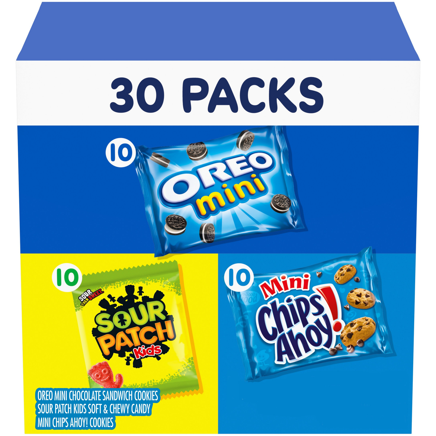 slide 1 of 8, Mixed Nabisco Cookies & Candy Variety Pack, SOUR PATCH KIDS Candy, OREO Mini Cookies, and Mini CHIPS AHOY! Cookies, 30 Snack Packs, 29.7 oz