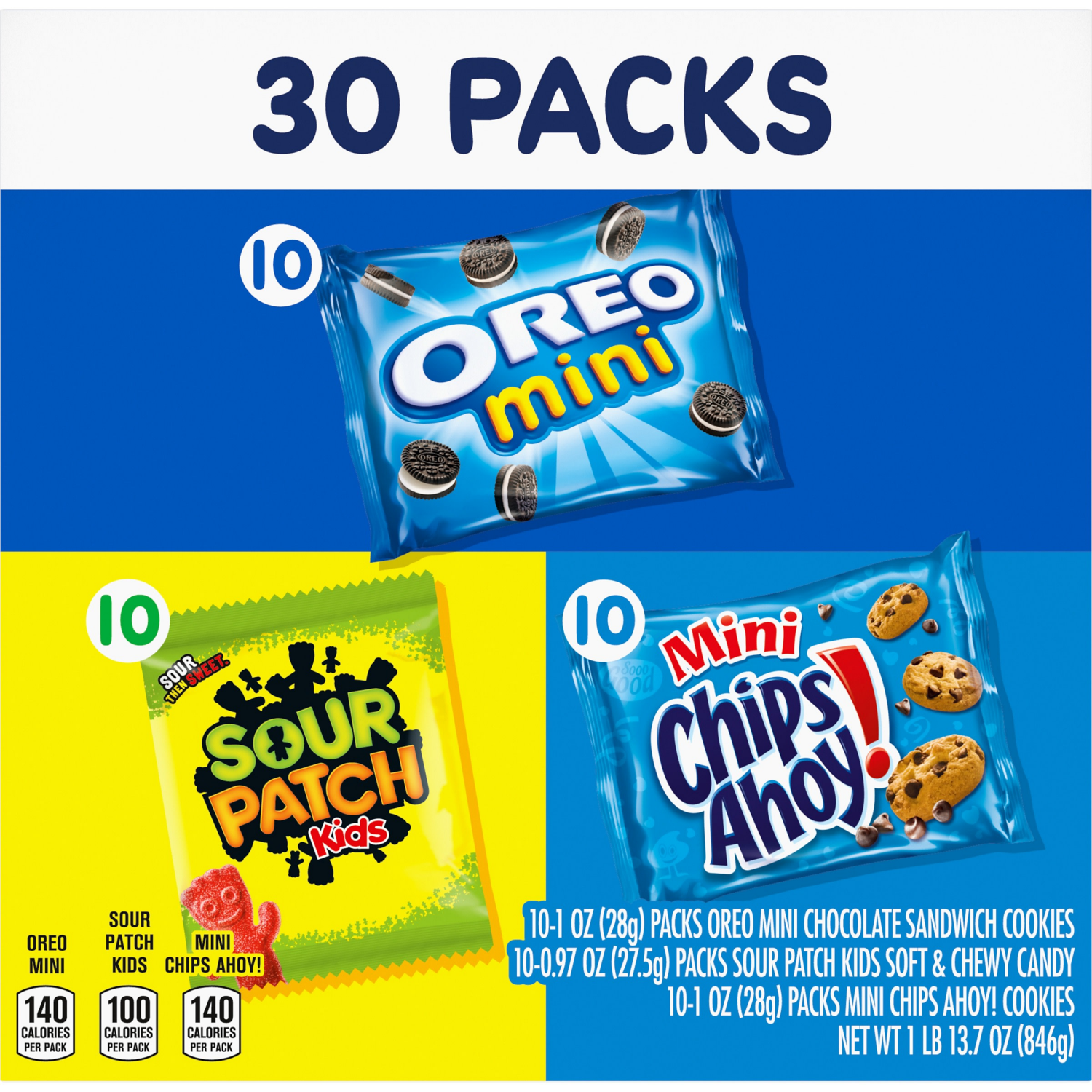 slide 8 of 8, Mixed Nabisco Cookies & Candy Variety Pack, SOUR PATCH KIDS Candy, OREO Mini Cookies, and Mini CHIPS AHOY! Cookies, 30 Snack Packs, 29.7 oz