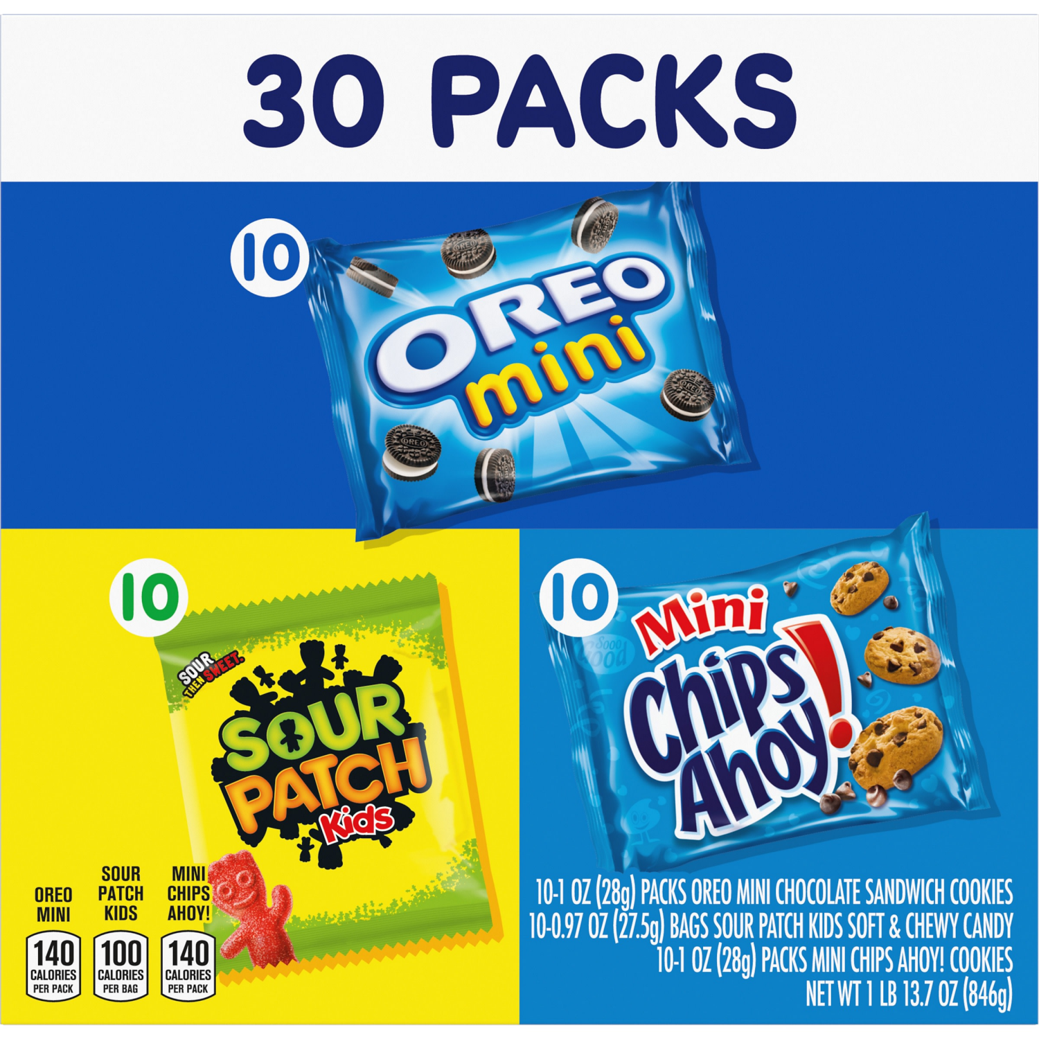 slide 8 of 8, Mixed Nabisco Cookies & Candy Variety Pack, SOUR PATCH KIDS Candy, OREO Mini Cookies, and Mini CHIPS AHOY! Cookies, 30 Snack Packs, 30 ct
