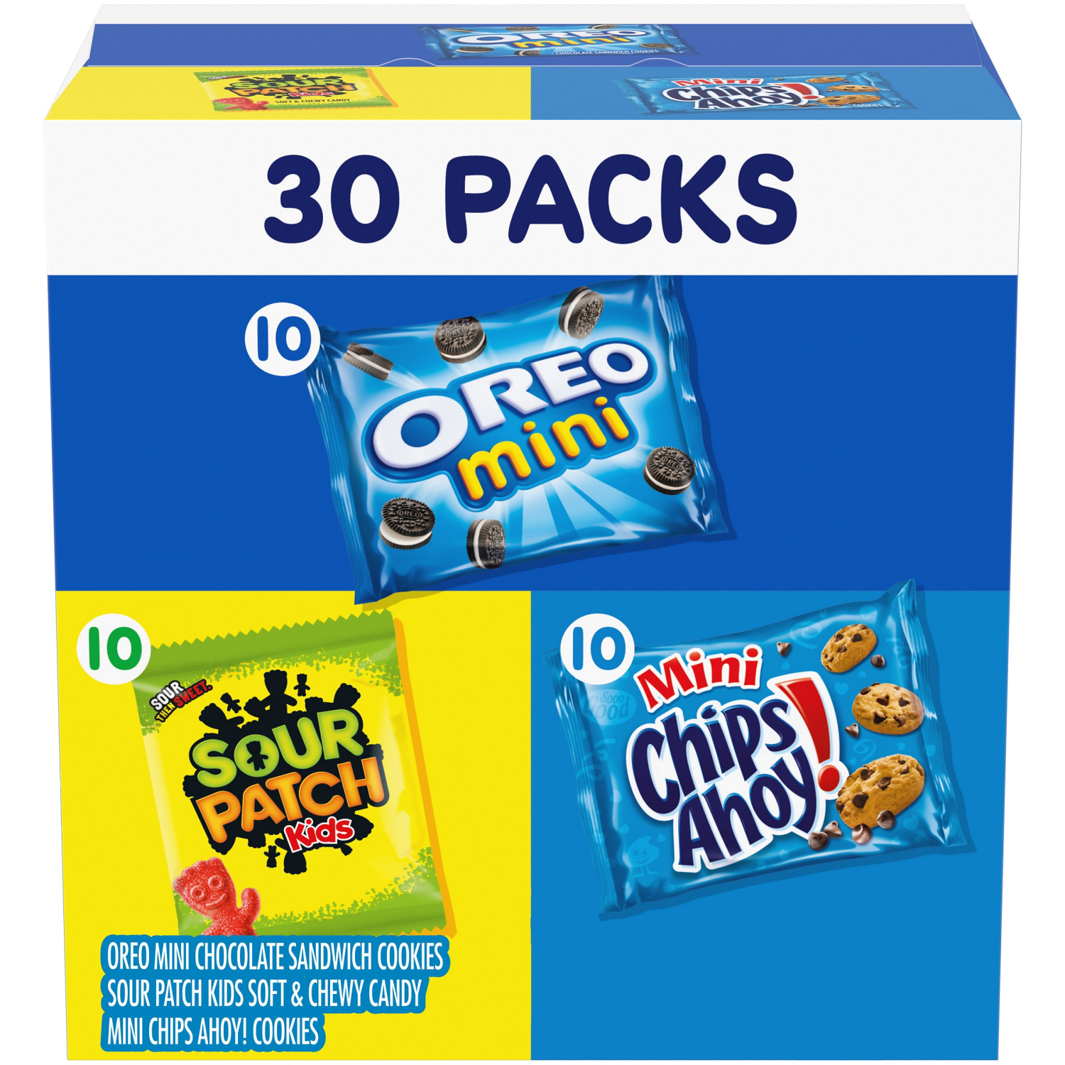 slide 1 of 8, Mixed Nabisco Cookies & Candy Variety Pack, SOUR PATCH KIDS Candy, OREO Mini Cookies, and Mini CHIPS AHOY! Cookies, 30 Snack Packs, 30 ct