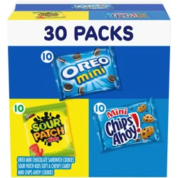 Mixed Nabisco Cookies & Candy Variety Pack, SOUR PATCH KIDS Candy, OREO Mini Cookies, and Mini CHIPS AHOY! Cookies, 30 Snack Packs
