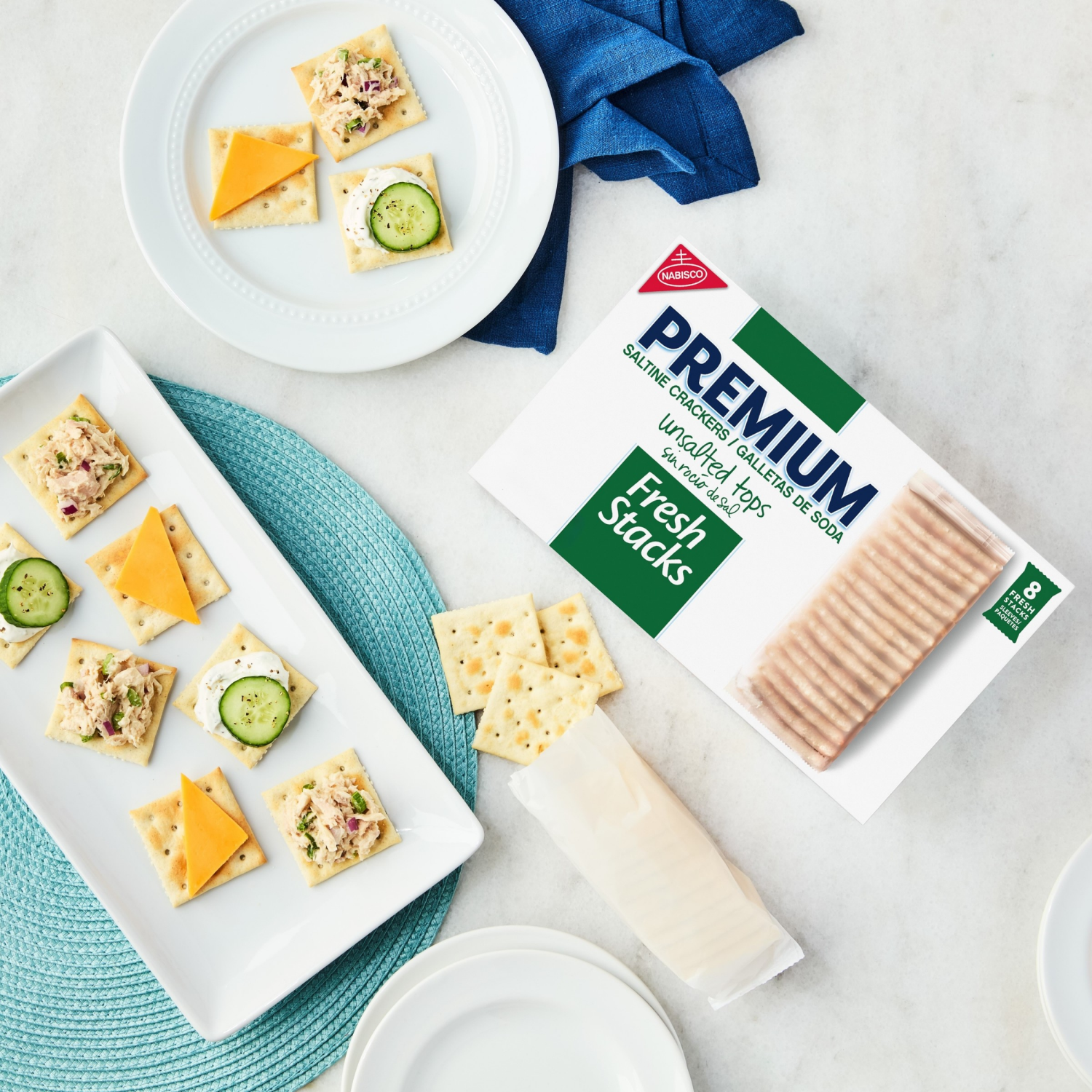 slide 2 of 8, Premium Fresh Stacks Unsalted Tops Saltine Crackers, Travel Snacks, 14.2 oz (8 Multi Snack Packs), 8 ct