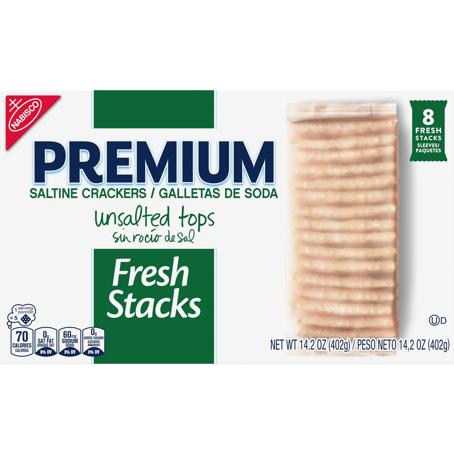 slide 8 of 8, Premium Fresh Stacks Unsalted Tops Saltine Crackers, Travel Snacks, 14.2 oz (8 Multi Snack Packs), 8 ct