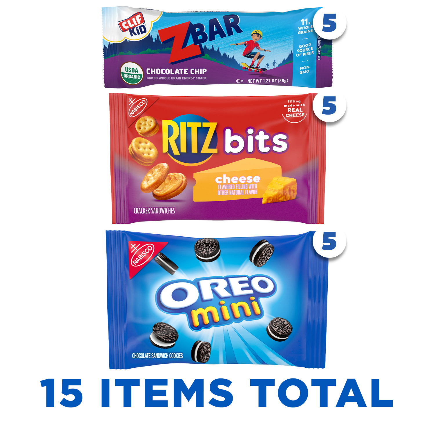 slide 4 of 8, Mondelez International Zbar Chocolate Chip Snack Bars, RITZ Bits Crackers & OREO Mini Cookies, On the Go Snacks Variety Pack, 15 Snack Packs, 15 ct
