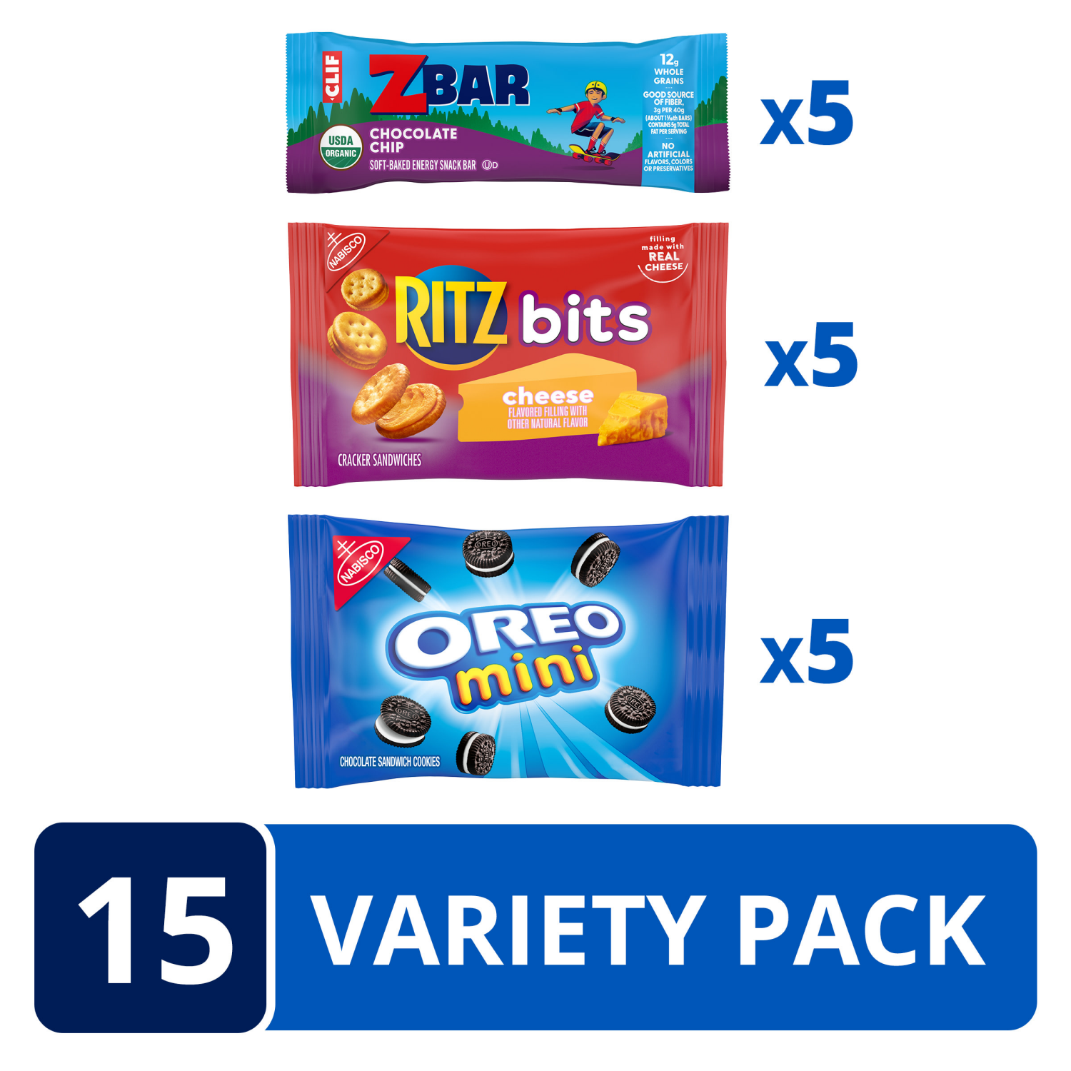 slide 4 of 8, CLIF Kid Zbar Chocolate Chip Snack Bars, RITZ Bits Crackers & OREO Mini Cookies, On the Go Snacks Variety Pack, 15 Snack Packs, 15 ct