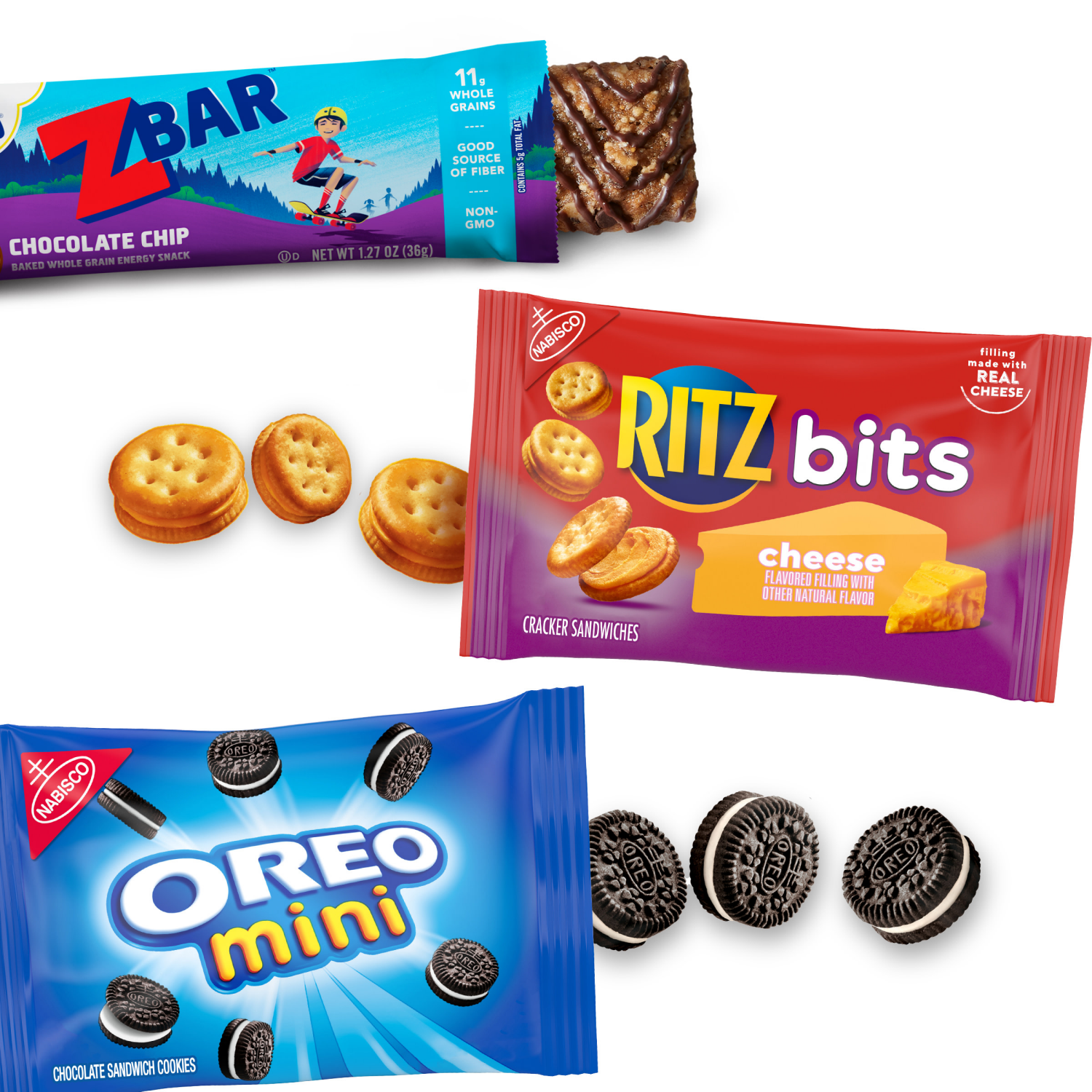 slide 6 of 8, Mondelez International Zbar Chocolate Chip Snack Bars, RITZ Bits Crackers & OREO Mini Cookies, On the Go Snacks Variety Pack, 15 Snack Packs, 15 ct