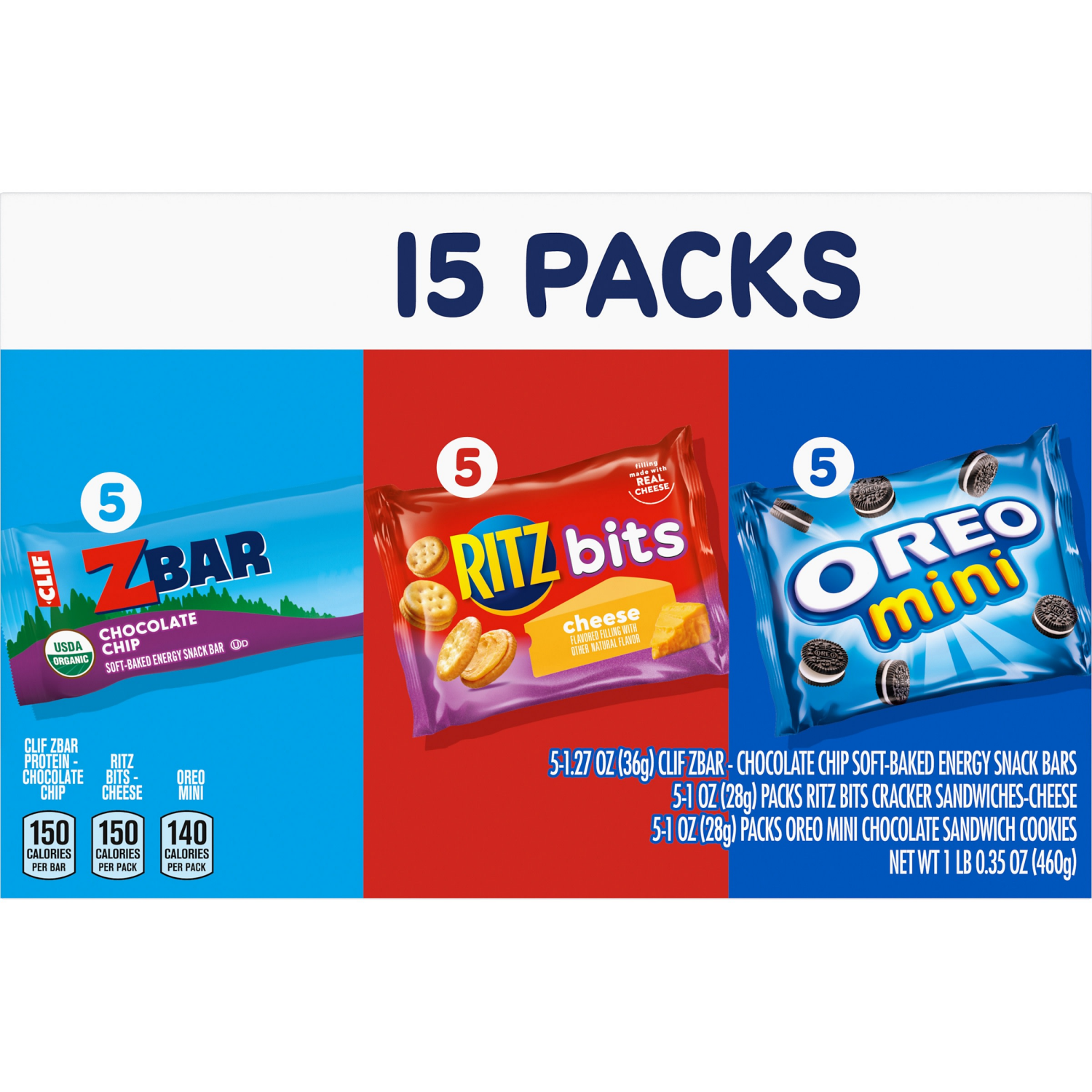 slide 8 of 8, CLIF Kid Zbar Chocolate Chip Snack Bars, RITZ Bits Crackers & OREO Mini Cookies, On the Go Snacks Variety Pack, 15 Snack Packs, 15 ct