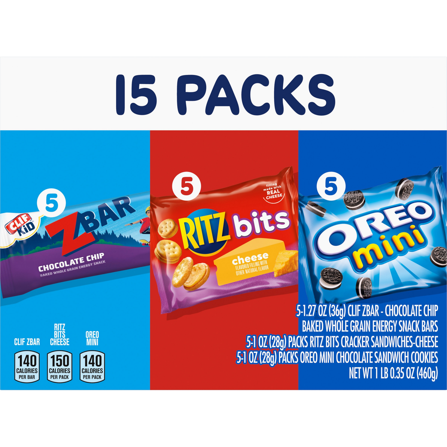 slide 8 of 8, Mondelez International Zbar Chocolate Chip Snack Bars, RITZ Bits Crackers & OREO Mini Cookies, On the Go Snacks Variety Pack, 15 Snack Packs, 15 ct