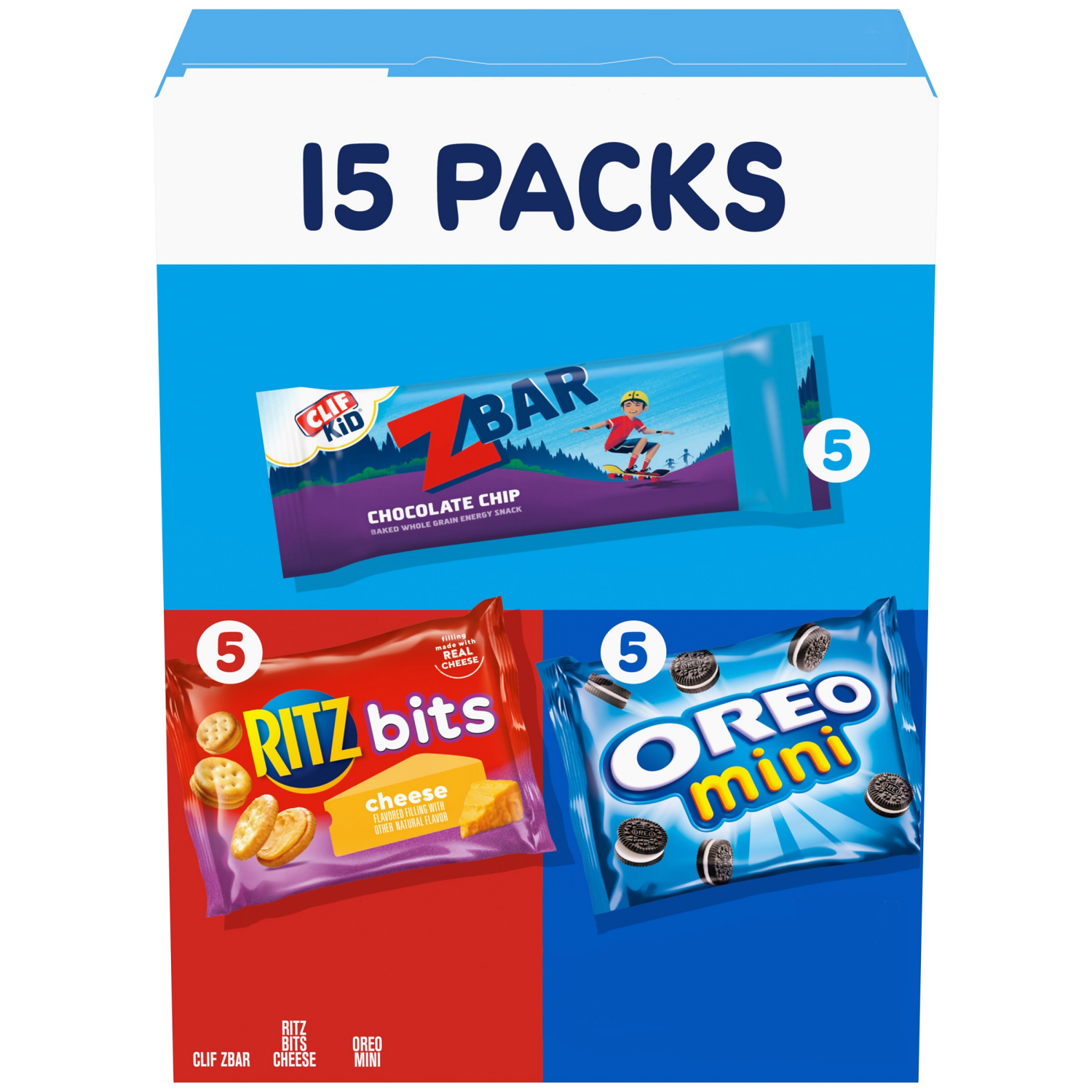 slide 1 of 8, Mondelez International Zbar Chocolate Chip Snack Bars, RITZ Bits Crackers & OREO Mini Cookies, On the Go Snacks Variety Pack, 15 Snack Packs, 15 ct