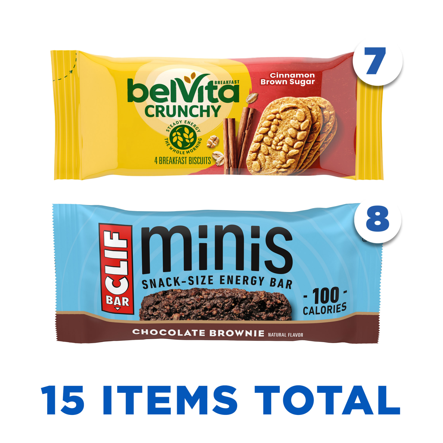 slide 4 of 8, Mondelez International CLIF BAR Minis Energy Bars & belVita Crunchy Breakfast Biscuits, Snack Variety Pack, 15 Snack Packs, 20.24 oz