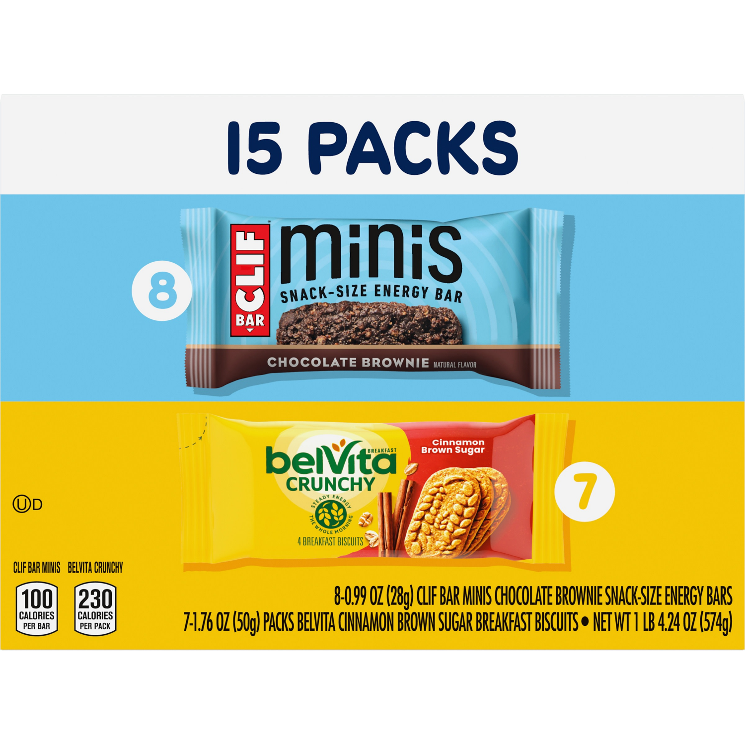 slide 8 of 8, Mondelez International CLIF BAR Minis Energy Bars & belVita Crunchy Breakfast Biscuits, Snack Variety Pack, 15 Snack Packs, 20.24 oz