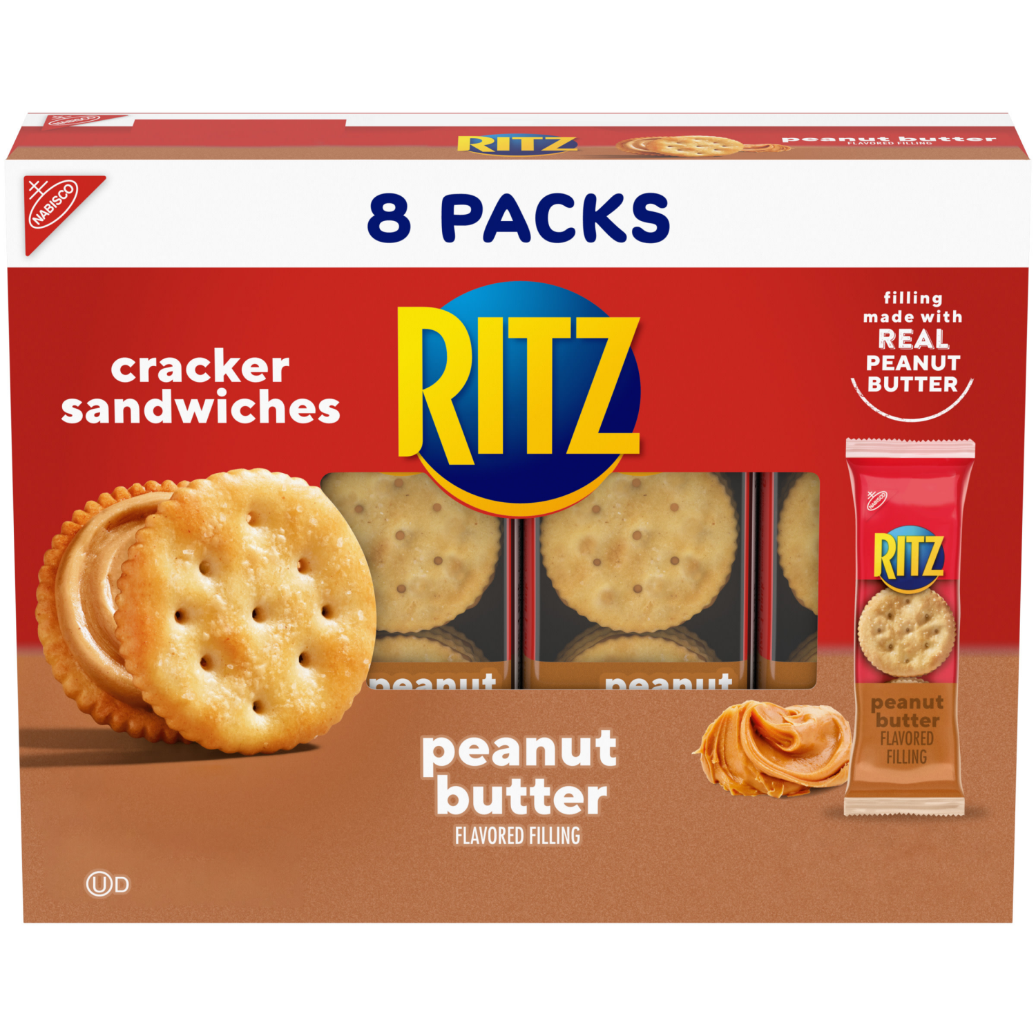 slide 1 of 8, RITZ Peanut Butter Sandwich Crackers, Lunch Snacks, 8 Snack Packs (6 Crackers Per Pack), 8 ct