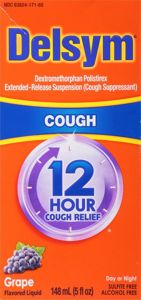 slide 9 of 14, Delsym Adult Cough Suppressant Liquid, Grape Flavor, 5 Ounce, 5 oz