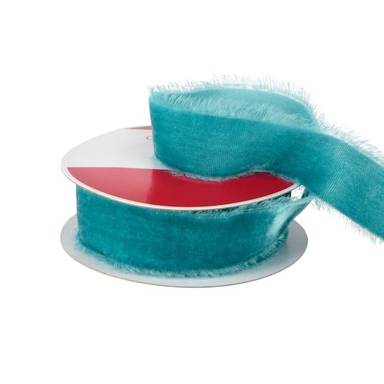 slide 1 of 3, 1.2" X 15ft. Turquoise Velvet Frayed Edge Ribbon By Celebrate It, 1.2 in x 15 ft