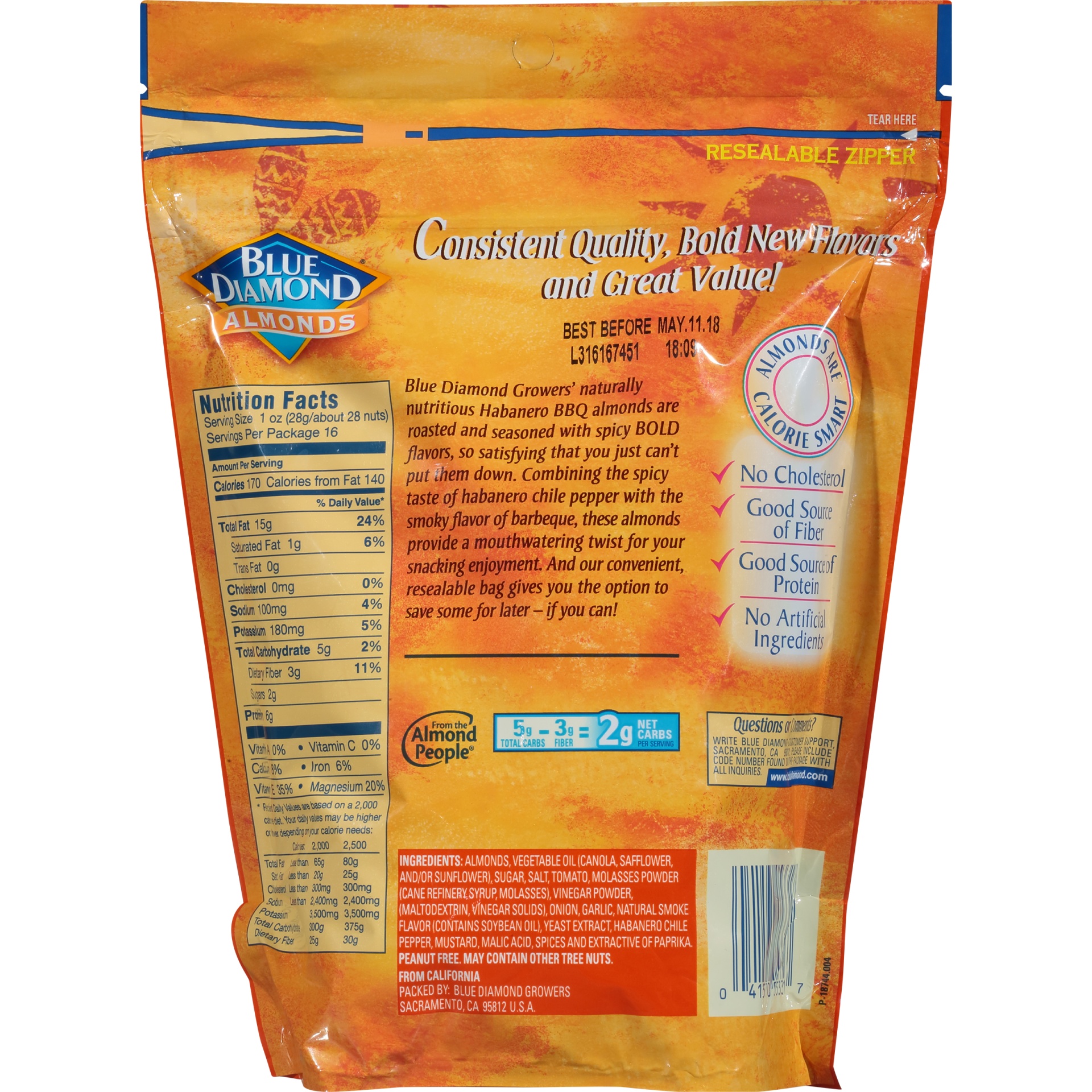 slide 5 of 6, Blue Diamond Bold Habanero BBQ Almonds, 16 oz