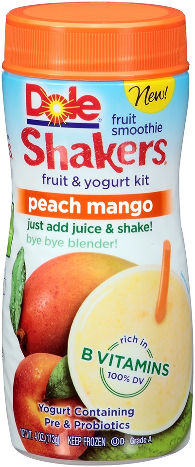 slide 1 of 1, Dole Shakers Peach Mango Fruit Smoothie Fruit and Yogurt Kit, 4 oz