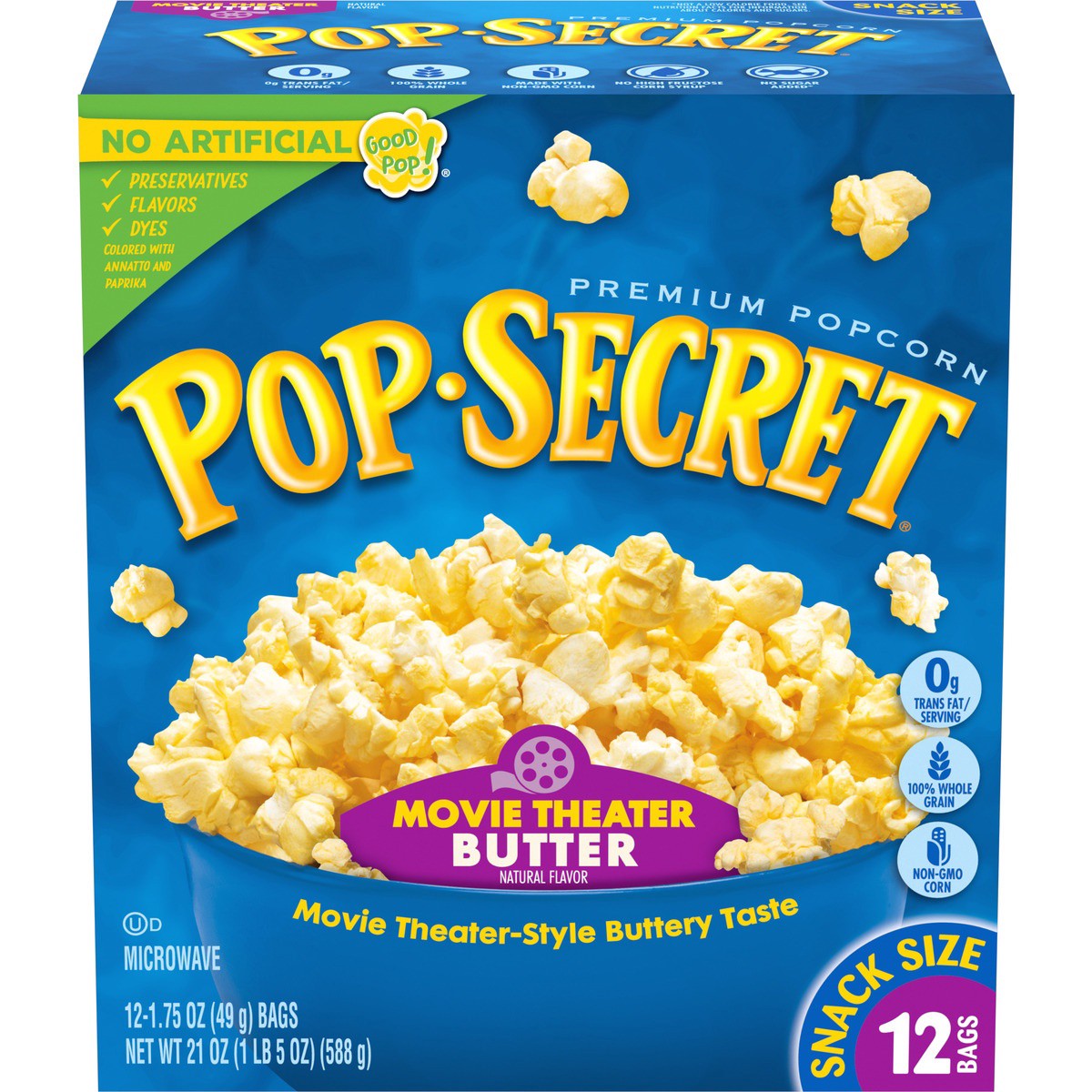 slide 1 of 5, Pop-Secret Microwave Popcorn, Movie Theater Butter Flavor, 1.75 Oz Snack Bags, 12 Ct, 12 ct; 1.75 oz