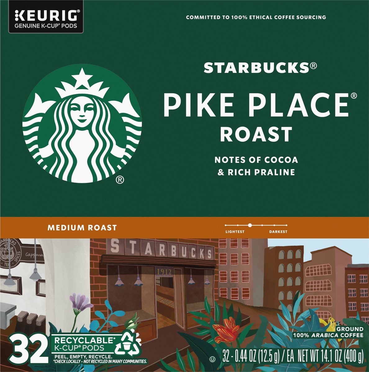 slide 6 of 9, Starbucks K-Cup Pods Medium Roast Ground 100% Arabica Pike Place Roast Coffee 32 - 0.44 oz ea, 32 ct