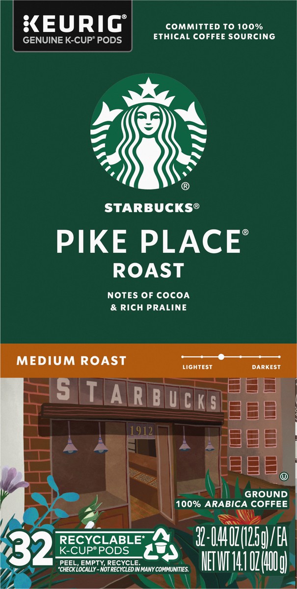 slide 7 of 9, Starbucks K-Cup Pods Medium Roast Ground 100% Arabica Pike Place Roast Coffee 32 - 0.44 oz ea, 32 ct
