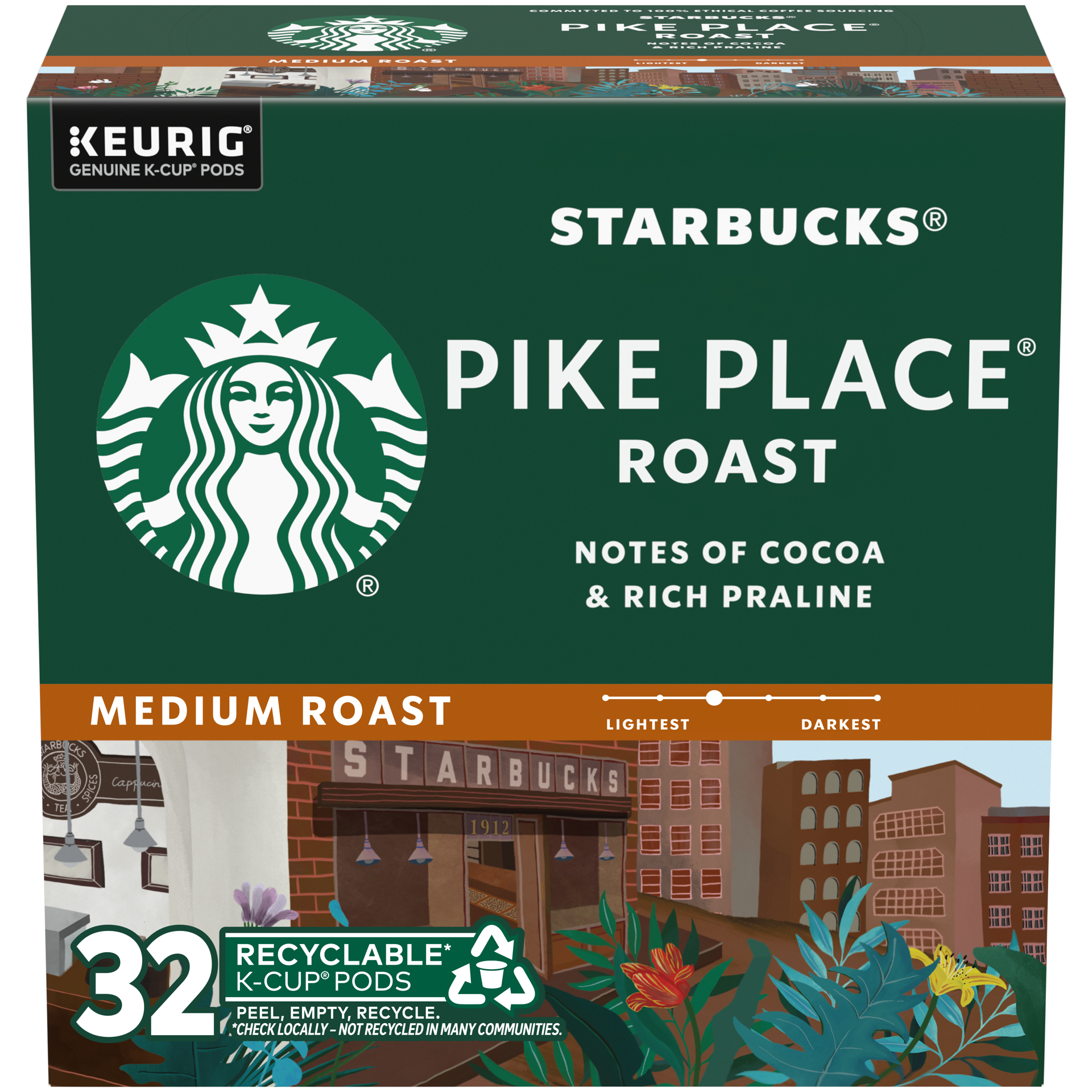 slide 1 of 9, Starbucks K-Cup Coffee Pods, Medium Roast Coffee, Pike Place Roast For Keurig Coffee Makers, 100% Arabica, 1 Box (32 Pods), 14.1 oz