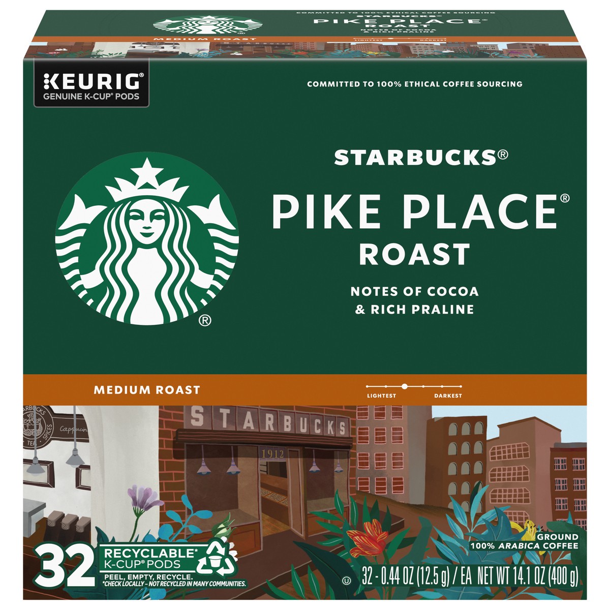 slide 1 of 9, Starbucks K-Cup Pods Medium Roast Ground 100% Arabica Pike Place Roast Coffee 32 - 0.44 oz ea, 32 ct