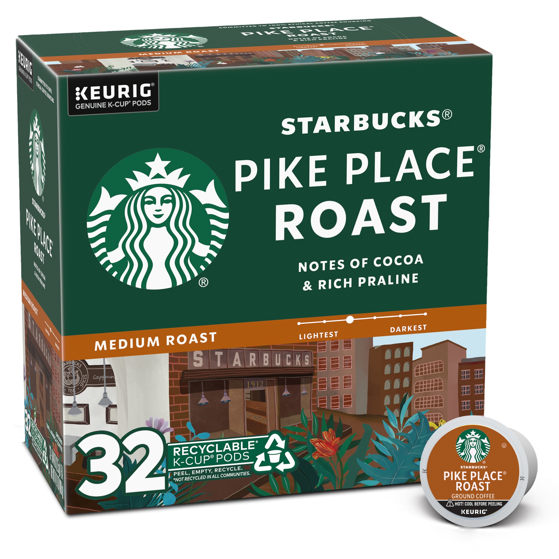 slide 1 of 7, Starbucks Pike Place Roast, Medium Roast K-Cup Coffee Pods, 100% Arabica, 32 ct