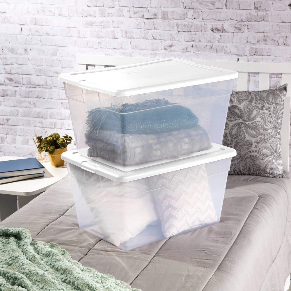 slide 2 of 7, Sterilite Storage Tote - Transparent With Glacier White Lid, 56 qt