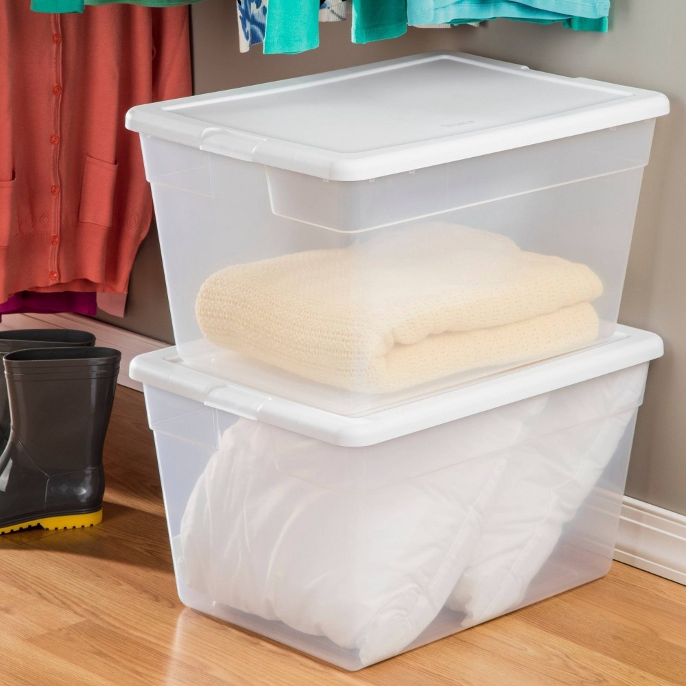 slide 3 of 7, Sterilite Storage Tote - Transparent With Glacier White Lid, 56 qt