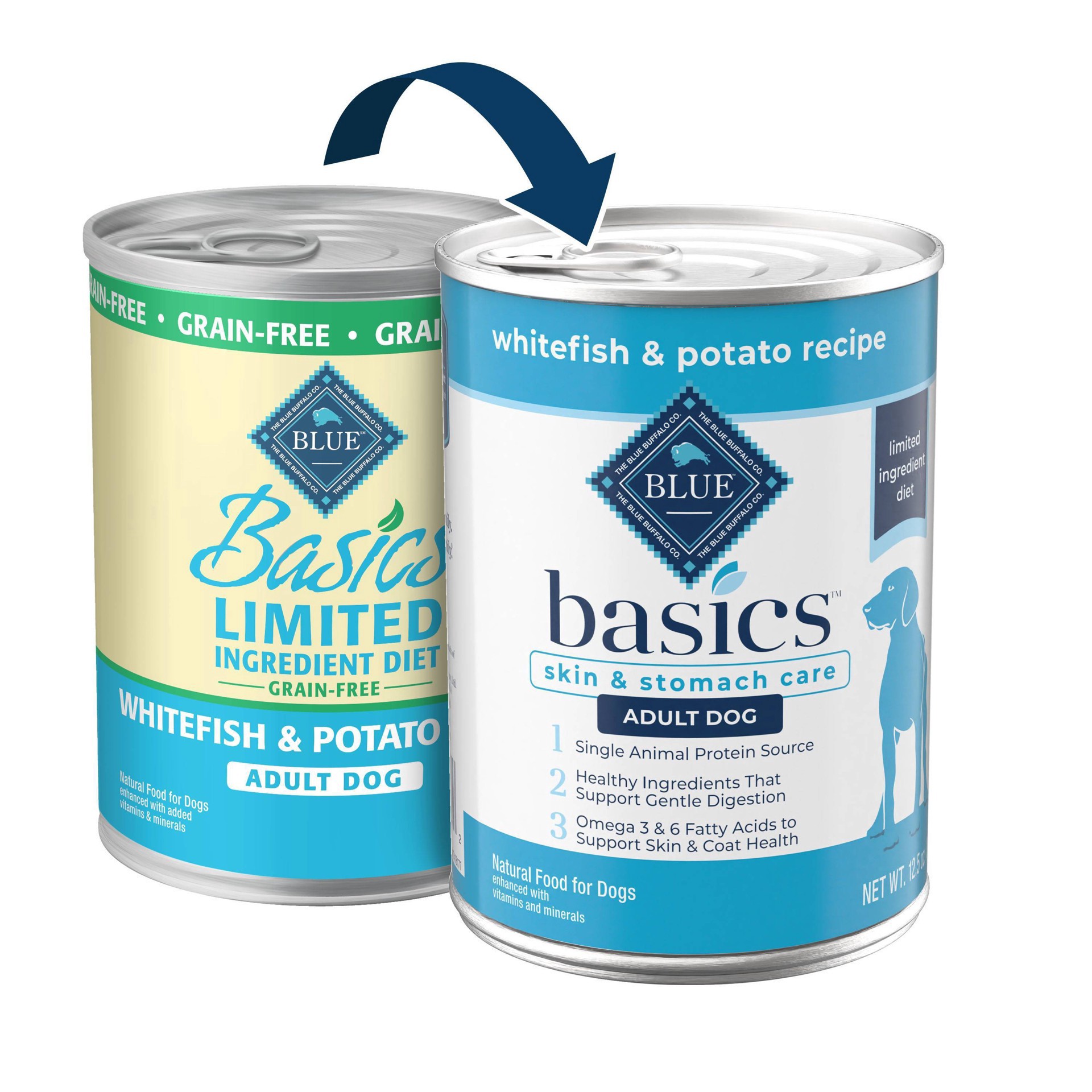 slide 6 of 9, Blue Buffalo Basics Skin & Stomach Care, Grain Free Natural Adult Wet Dog Food, Whitefish 12.5-oz Can, 12.5 oz