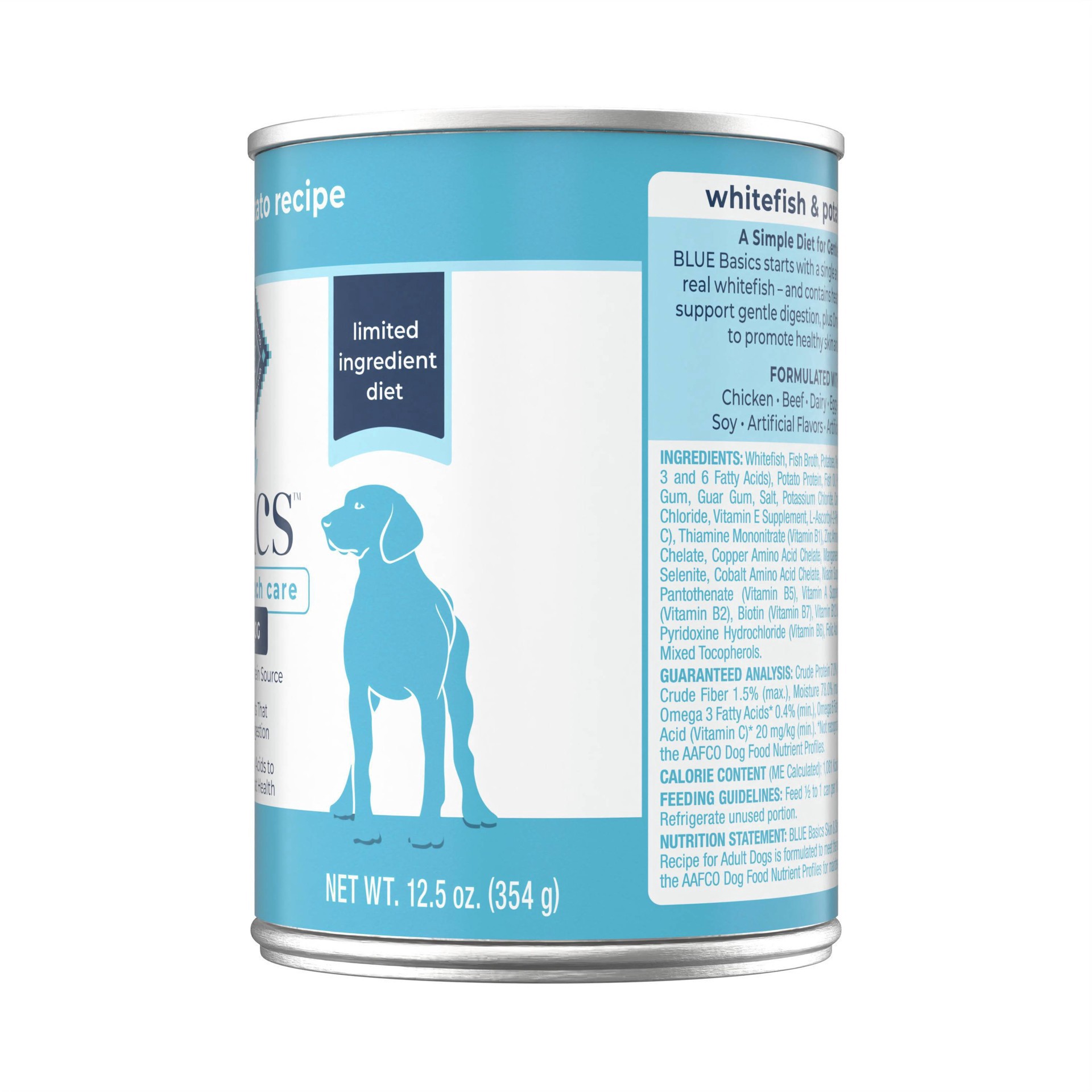 slide 7 of 9, Blue Buffalo Basics Skin & Stomach Care, Grain Free Natural Adult Wet Dog Food, Whitefish 12.5-oz Can, 12.5 oz