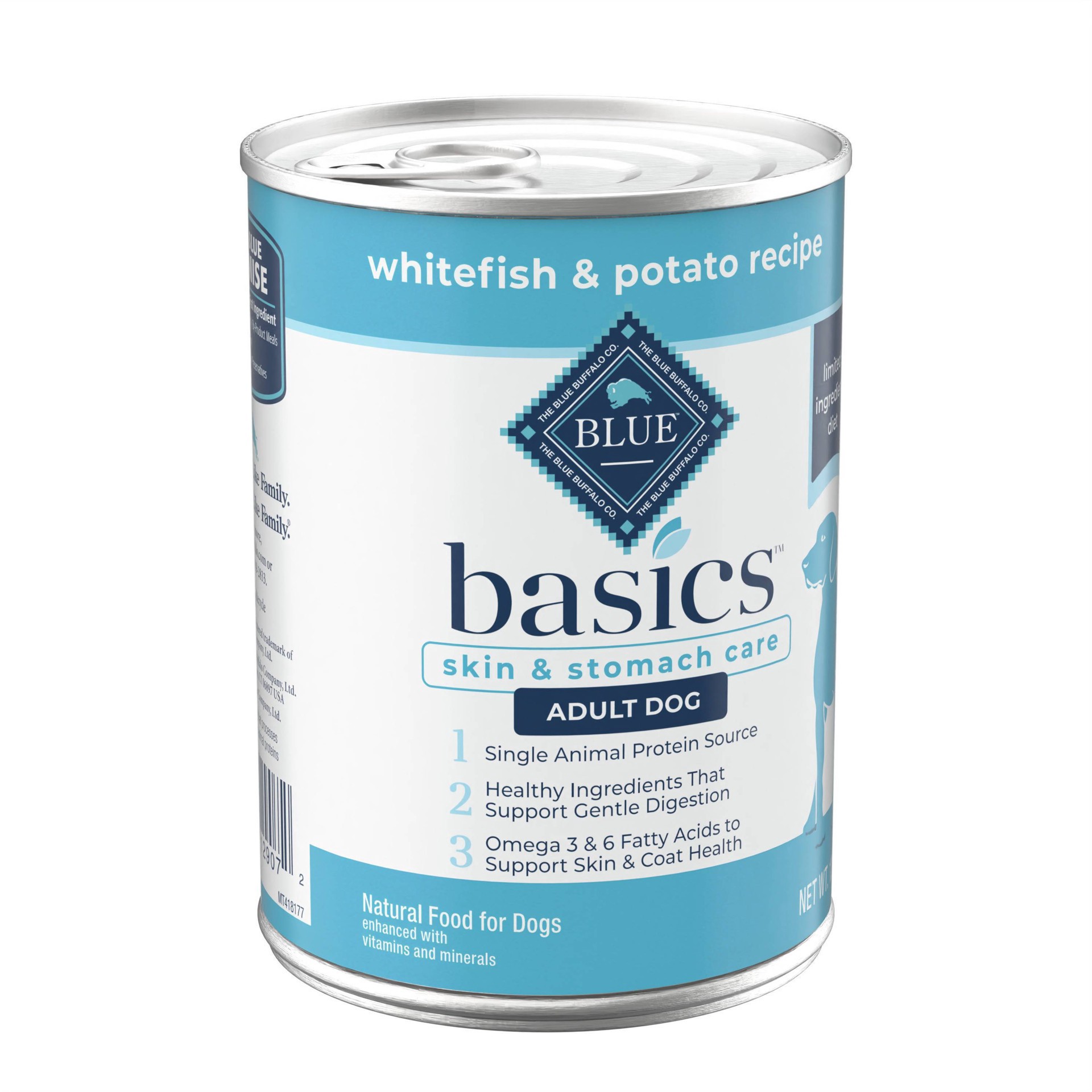 slide 2 of 9, Blue Buffalo Basics Skin & Stomach Care, Grain Free Natural Adult Wet Dog Food, Whitefish 12.5-oz Can, 12.5 oz