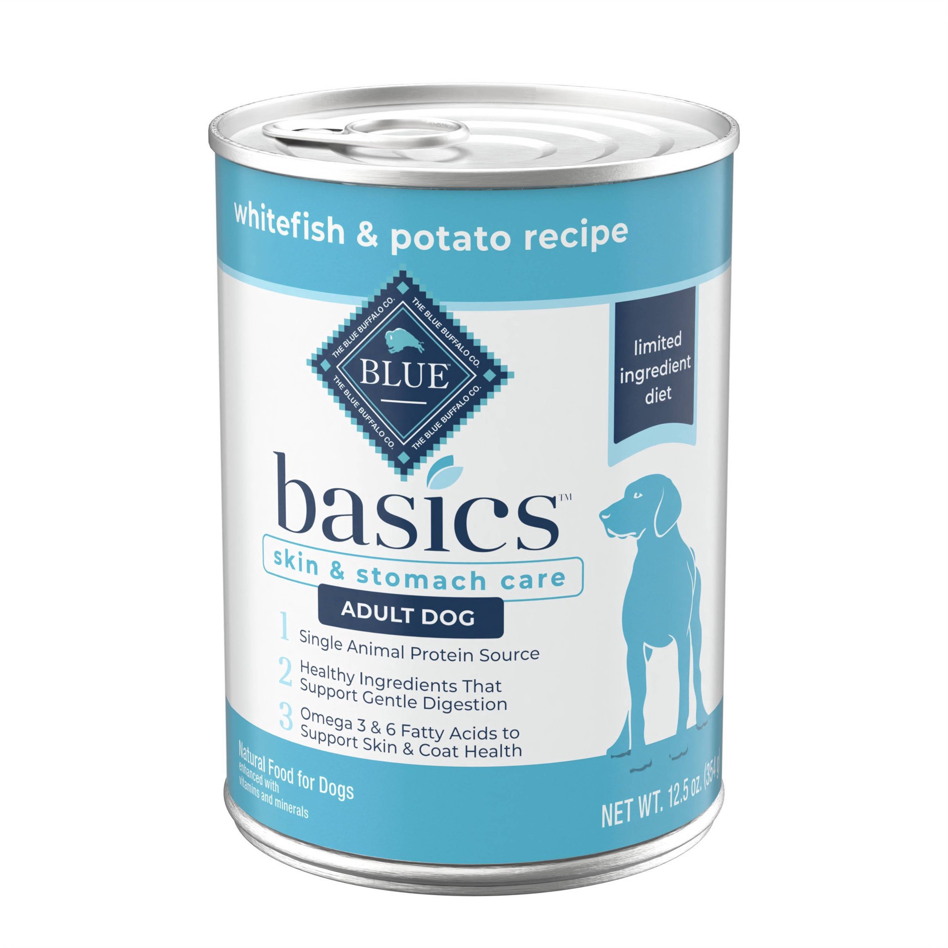 slide 9 of 9, Blue Buffalo Basics Skin & Stomach Care, Grain Free Natural Adult Wet Dog Food, Whitefish 12.5-oz Can, 12.5 oz