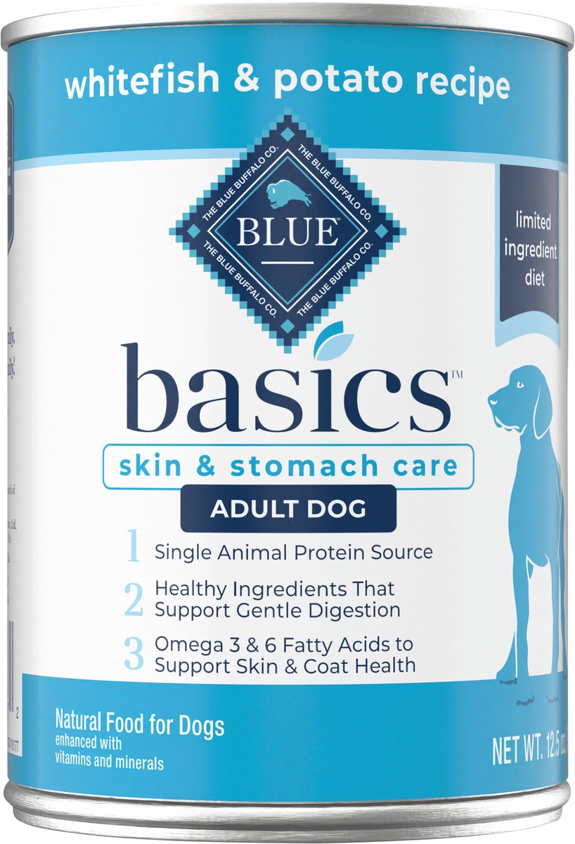 slide 1 of 9, Blue Buffalo Basics Skin & Stomach Care, Grain Free Natural Adult Wet Dog Food, Whitefish 12.5-oz Can, 12.5 oz