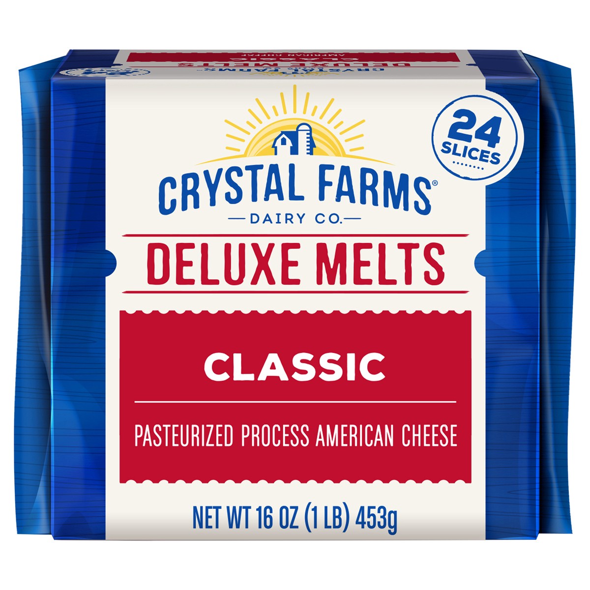 slide 4 of 8, Crystal Farms Cheese Slices, American, Classic, Deluxe Melts, 24 ct