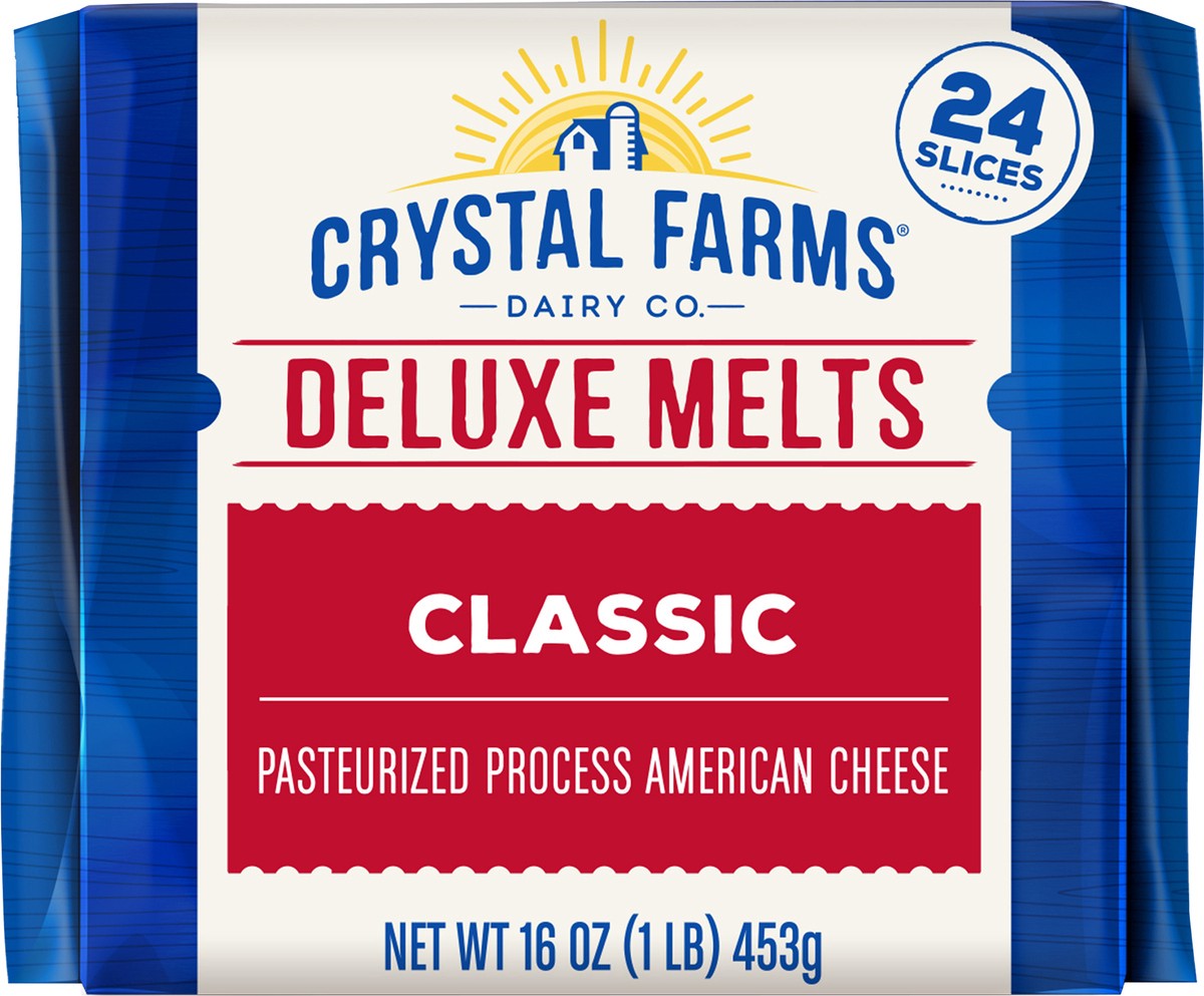 slide 8 of 8, Crystal Farms Cheese Slices, American, Classic, Deluxe Melts, 24 ct