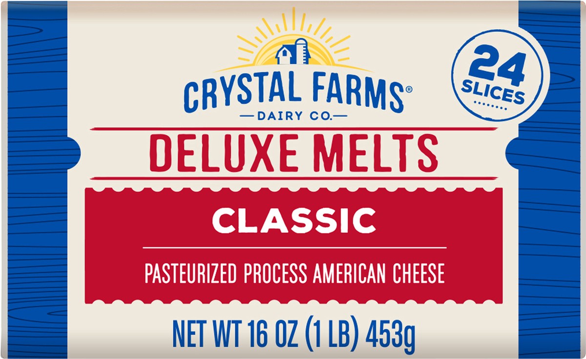 slide 2 of 8, Crystal Farms Cheese Slices, American, Classic, Deluxe Melts, 24 ct