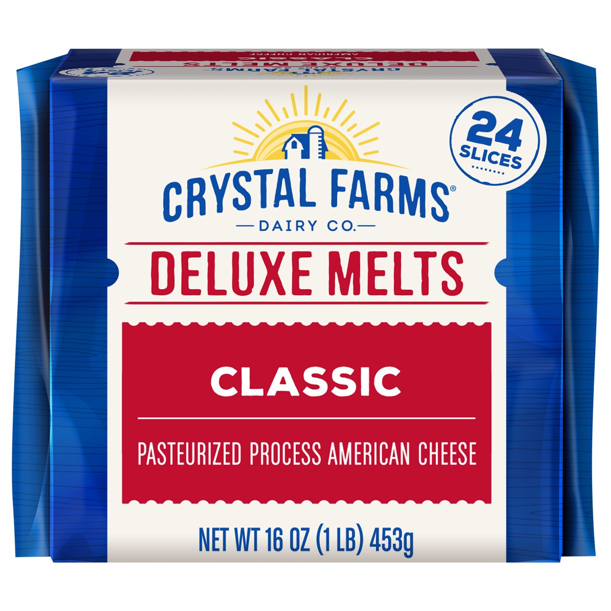 slide 1 of 8, Crystal Farms Cheese Slices, American, Classic, Deluxe Melts, 24 ct