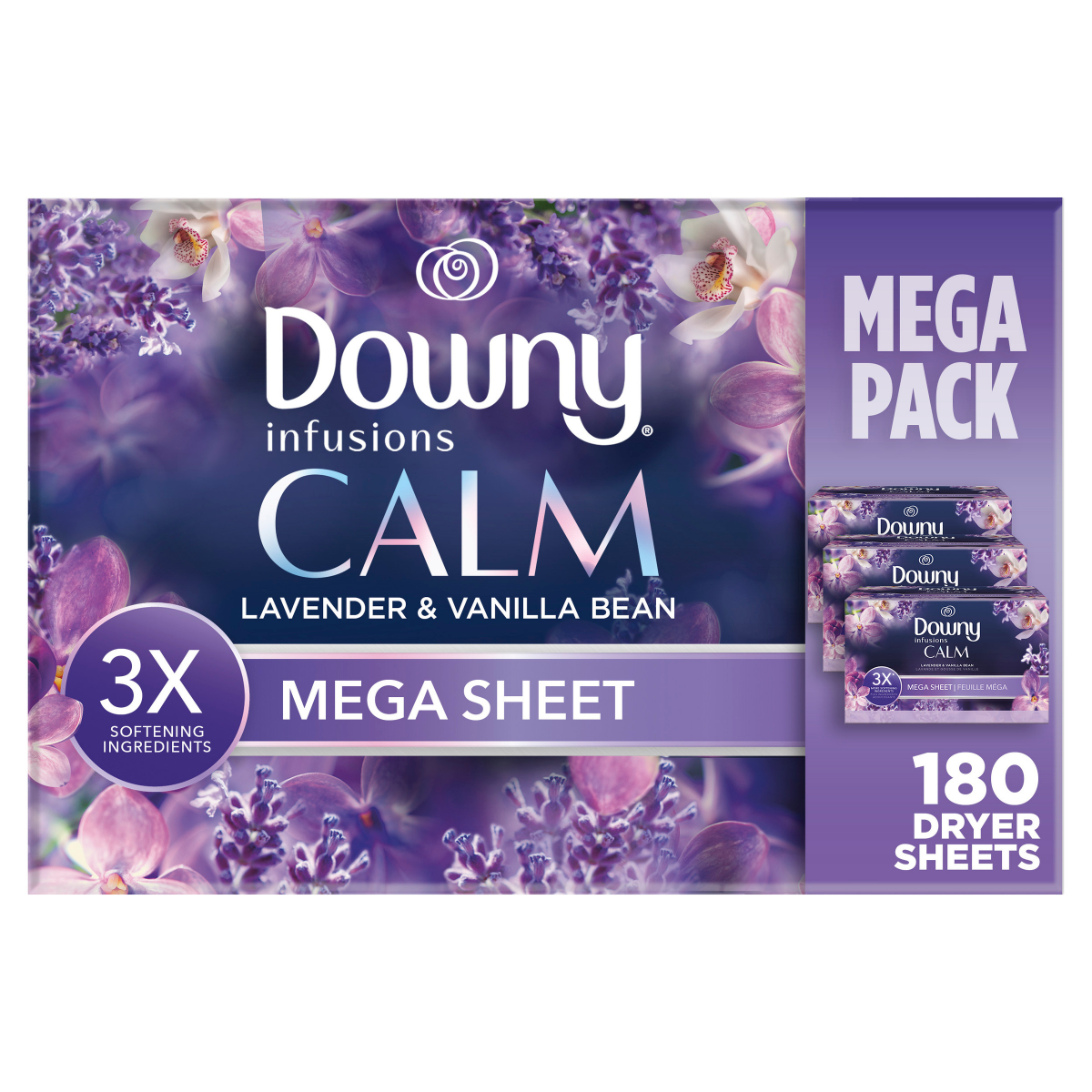 slide 1 of 29, Downy CALM, Mega Dryer Sheets, Laundry Fabric Softener, Lavender and Vanilla Bean, 180 Count, 180 ct