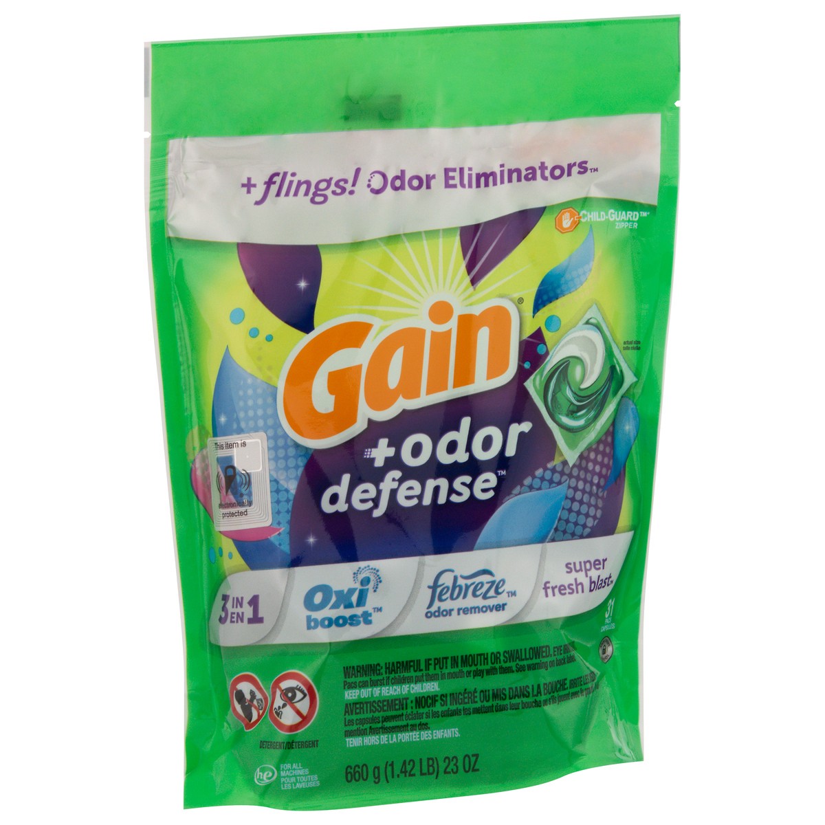 slide 7 of 9, Gain Flings Laundry Detergent Pacs, 31 Count, Super Fresh Blast Scent, with Odor Defense, 31 ct